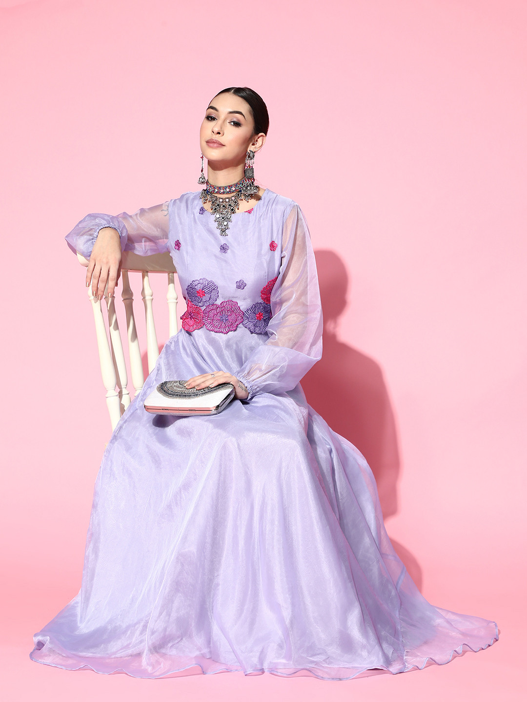 

Inddus Women Elegant Lavender Floral Embroidered Organza Dress