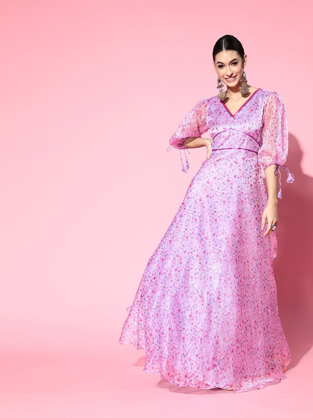

Inddus Women Charming Purple Floral Puff Sleeves Dress