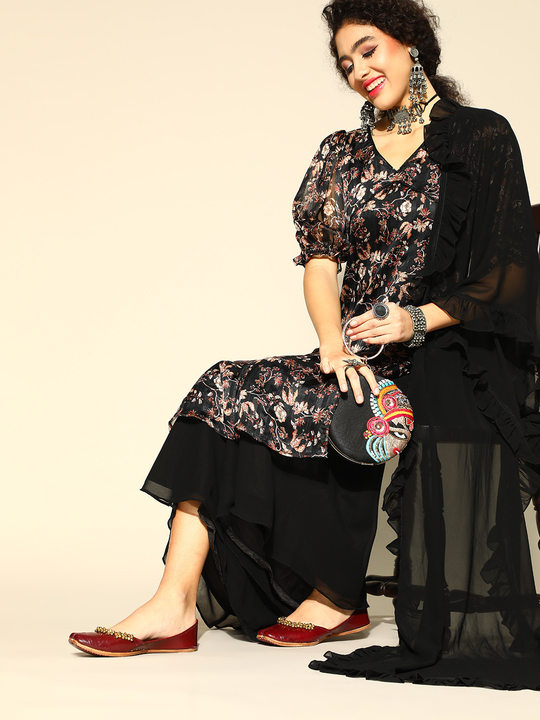 

Inddus Women Black & Beige Floral Print Satin Finish Kurta with Palazzo & Ruffled Dupatta