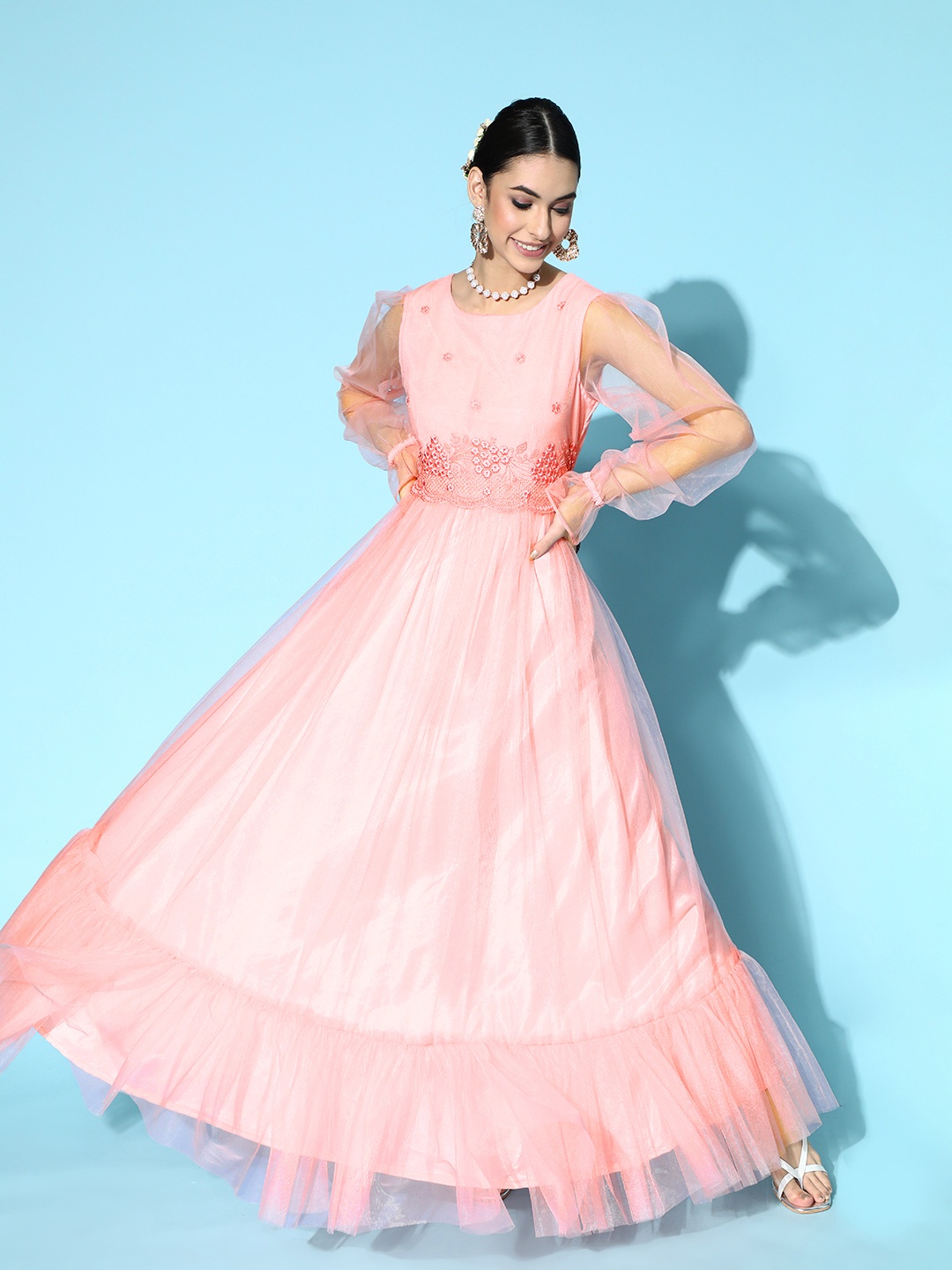 

Inddus Women Pretty Pink Floral Embroidered Ruffle Sheer Dress