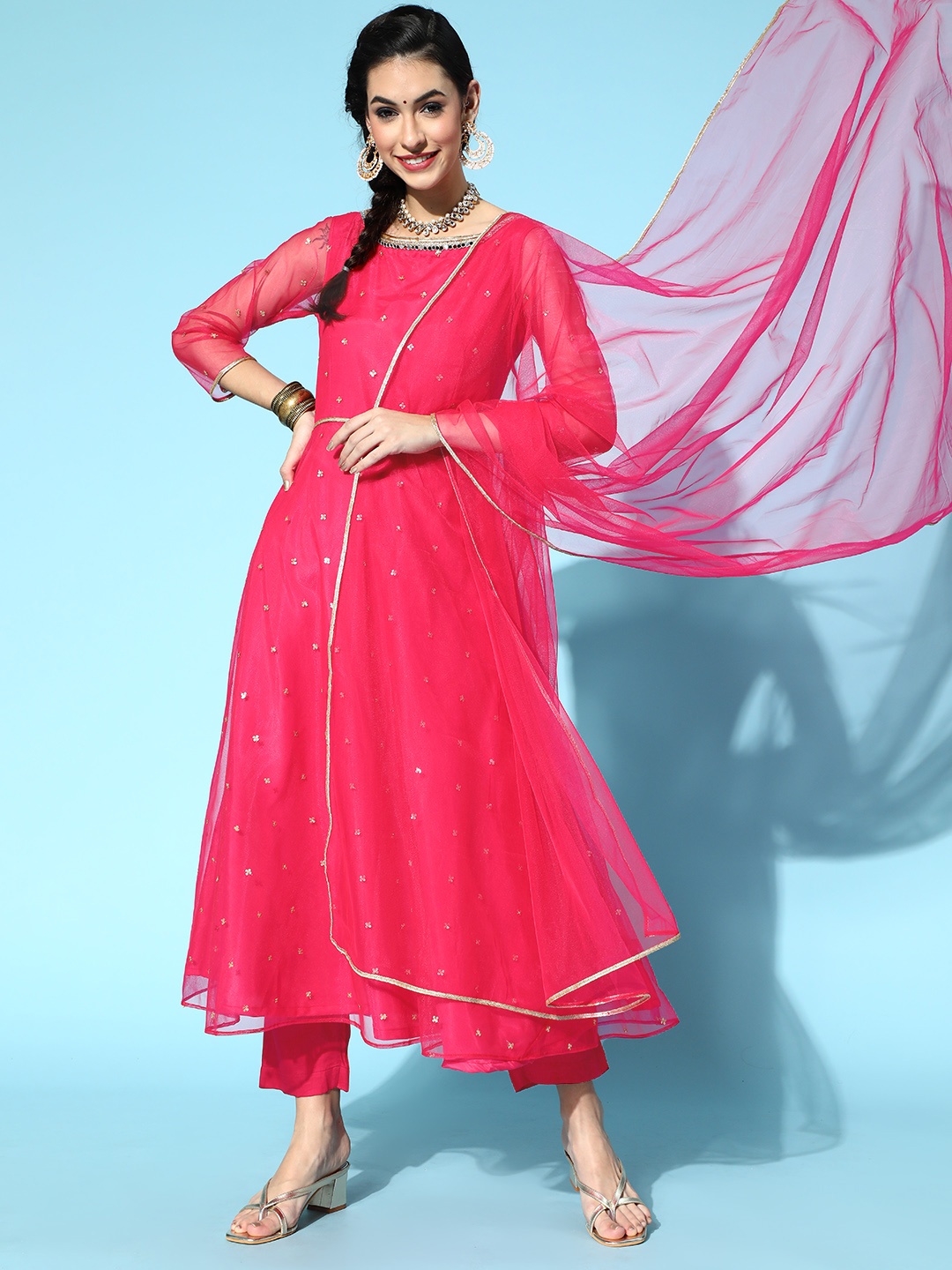 

Inddus Women Magenta Pink Floral Embroidered Pleated Sequinned Net Kurta with Trousers