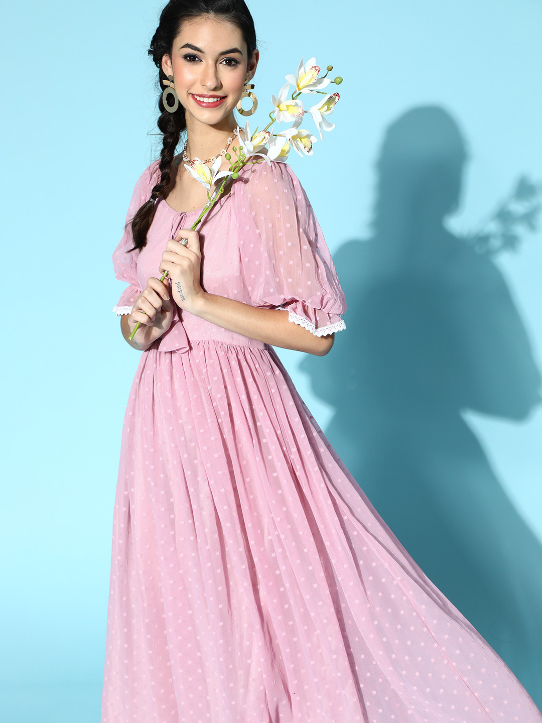 

Inddus Women Pretty Pink Self-Design Dobby Weave Dress