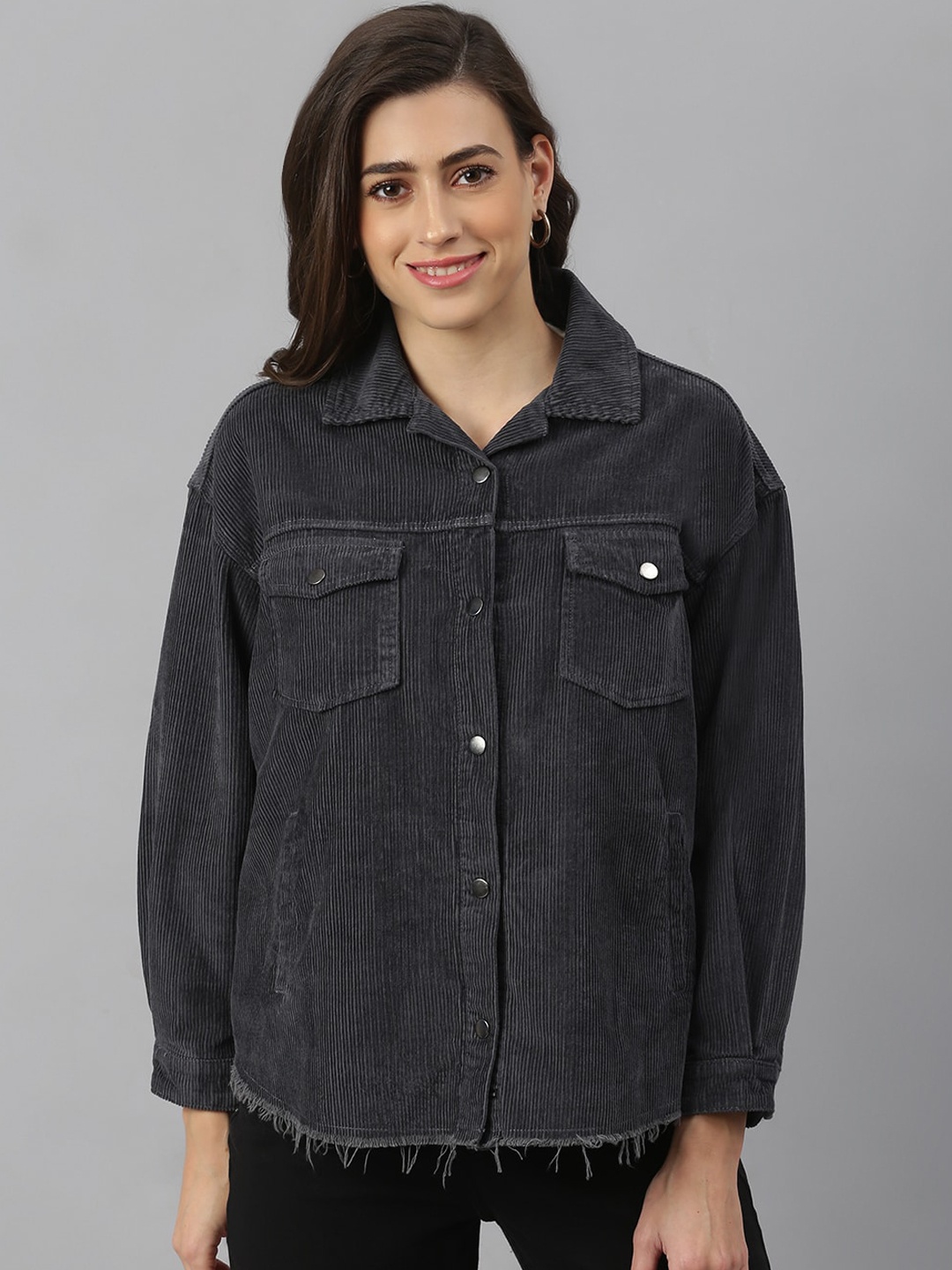 

Xpose Women Charcoal Grey Solid Oversized Boyfriend Fit Corduroy Shacket