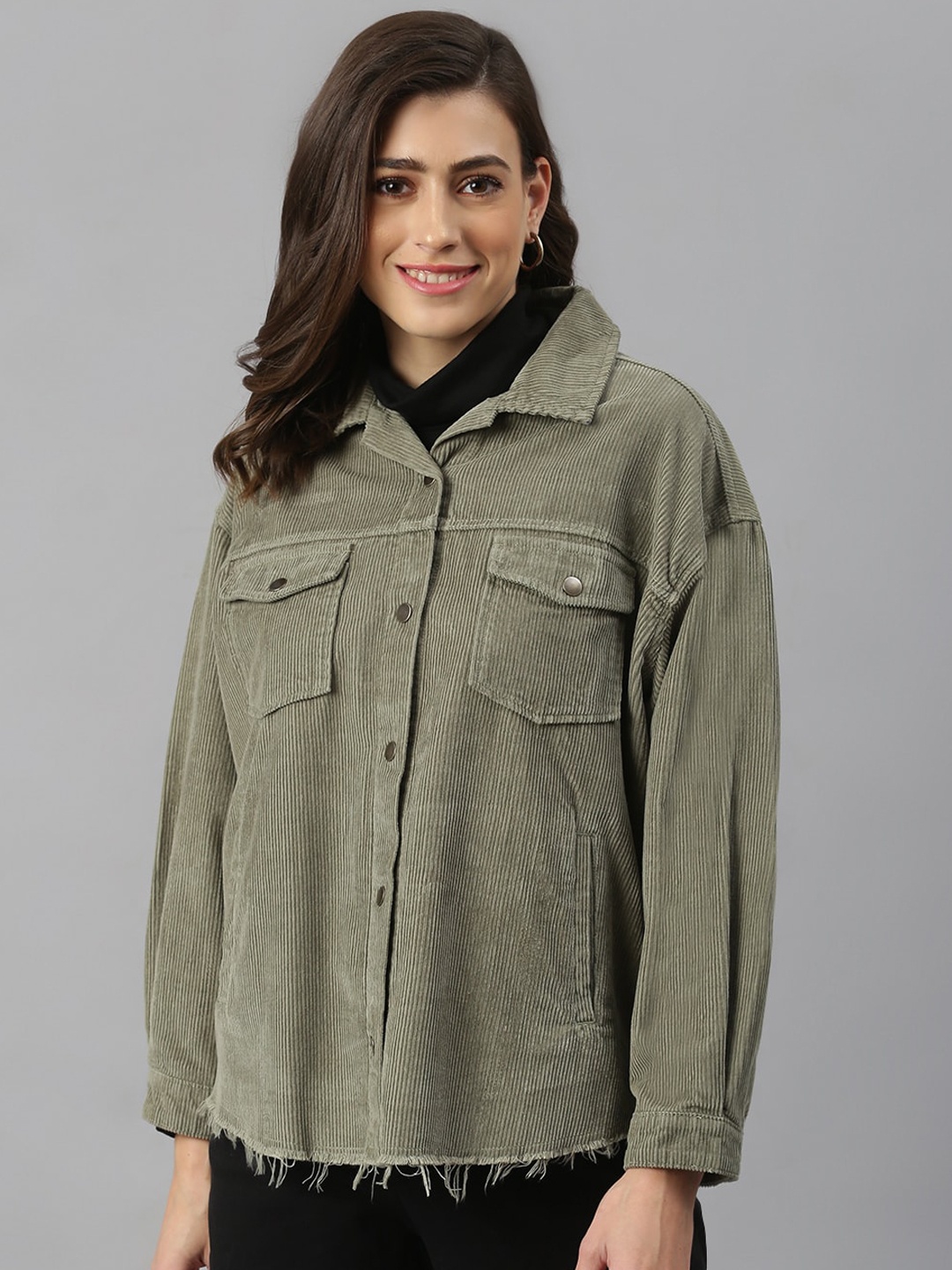 

Xpose Women Olive Green Solid Cotton Oversized Boyfriend Fit Corduroy Shacket