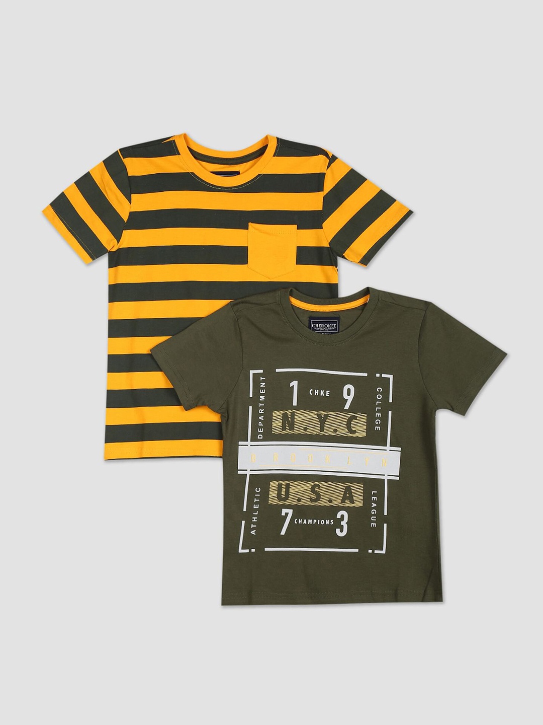 

Cherokee Boys Mustard Yellow & Olive Green 2 Printed T-shirt