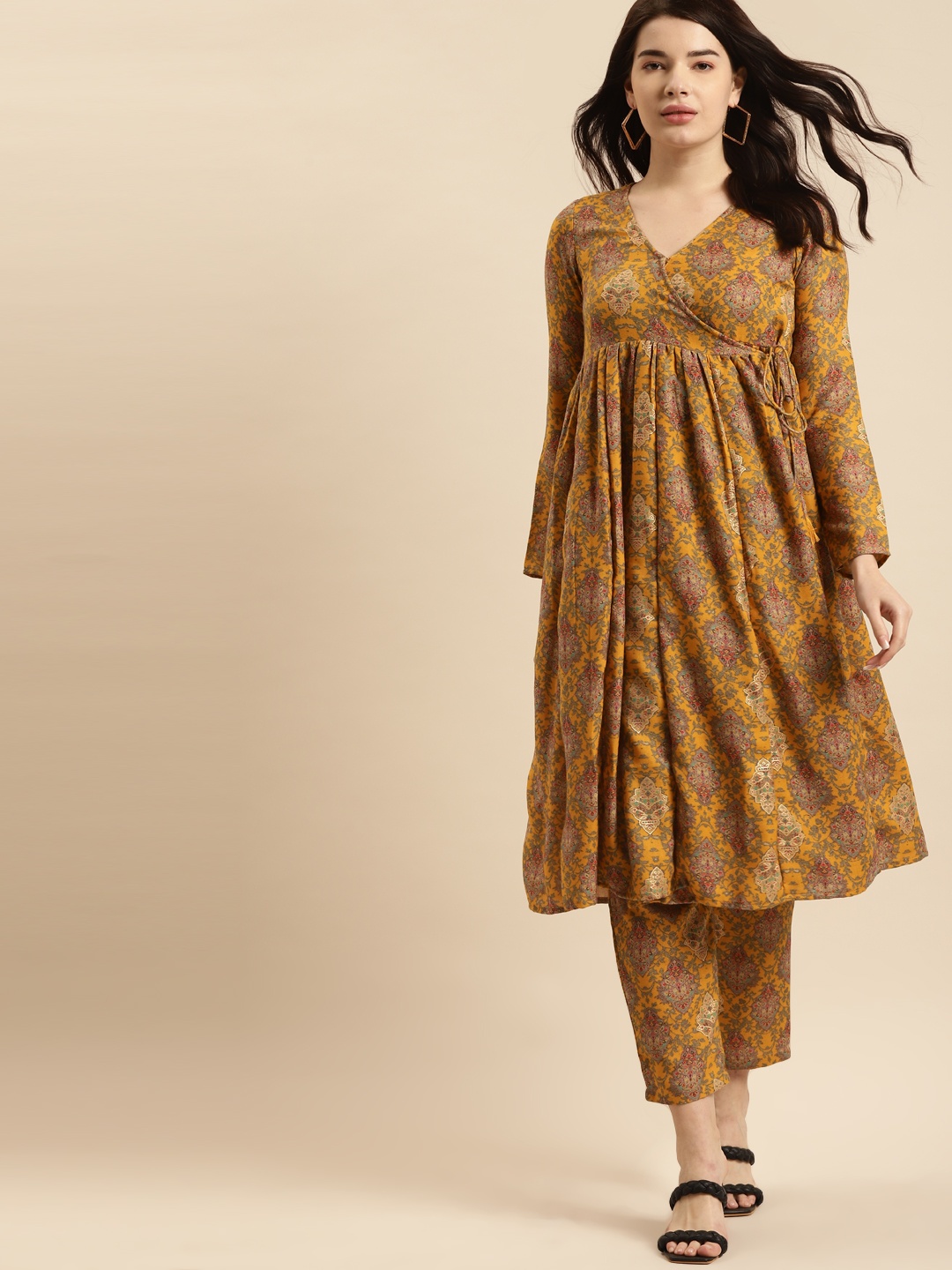 

anayna Women Mustard Yellow Ethnic Motifs Printed Angrakha Kurta with Trousers