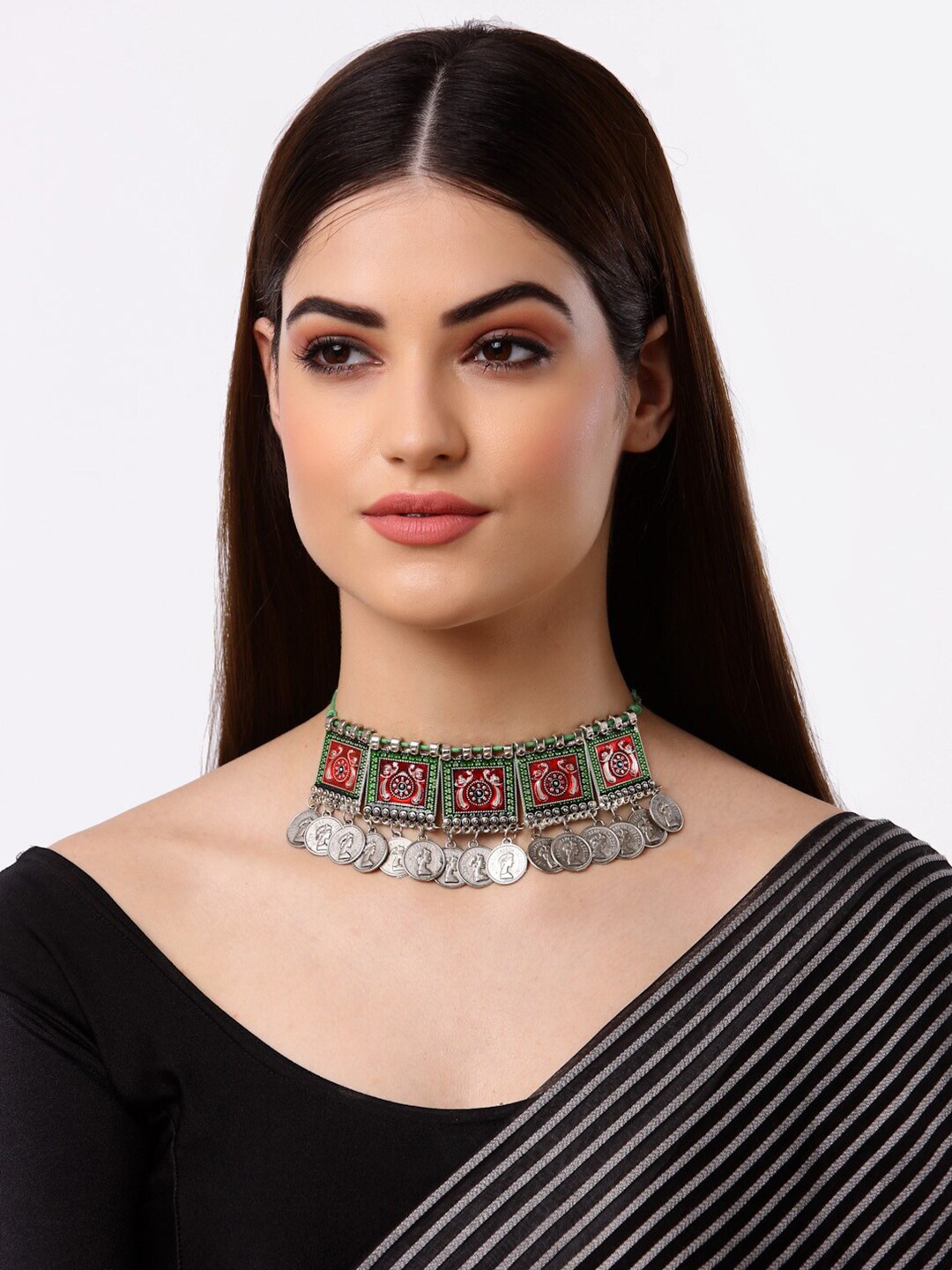 

Arrabi Woman Multi Colour Oxidised Tribal Necklace, Silver