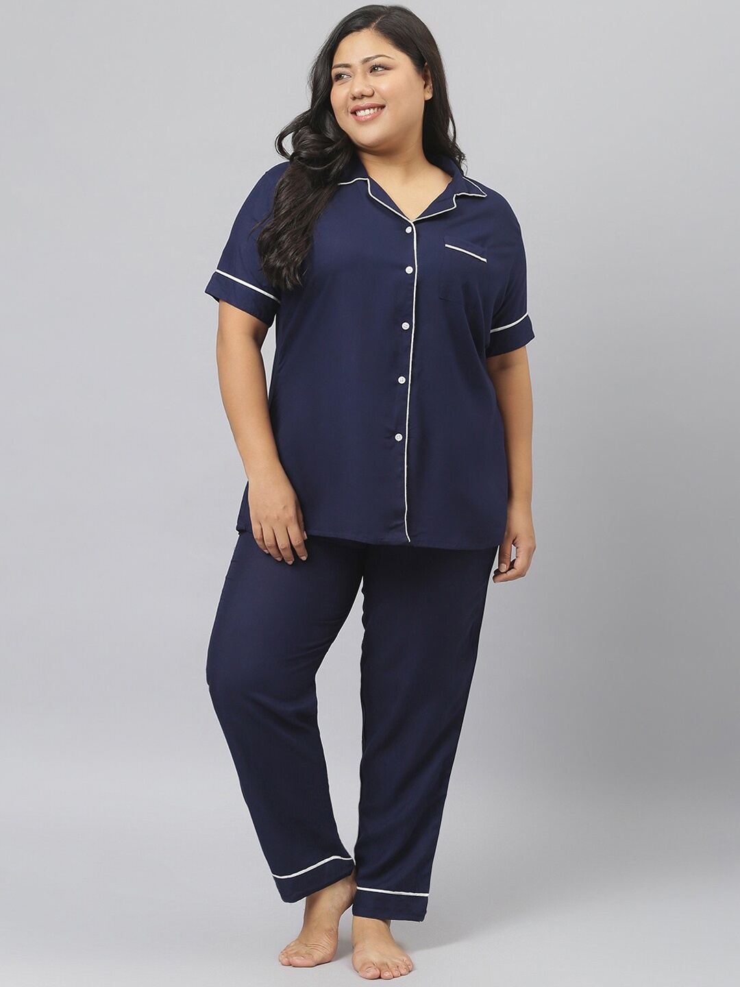 

Stylum Women Navy Blue & White Plus Size Night suit