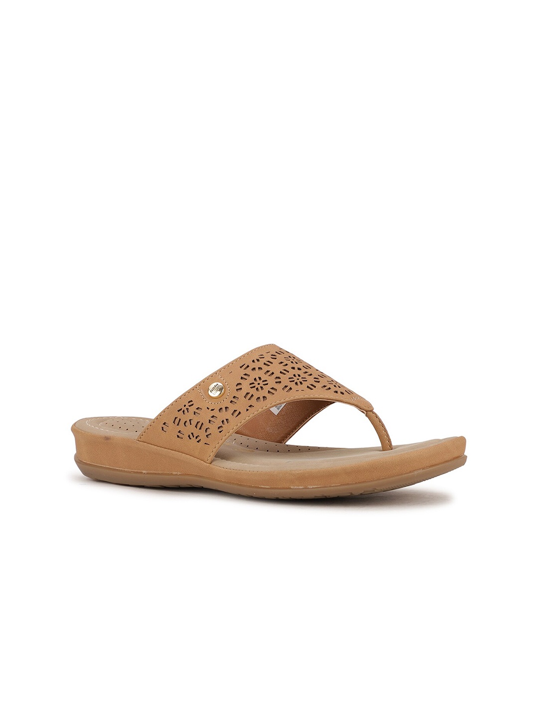 

Bata Women Tan Textured T-Strap Flats with Laser Cuts