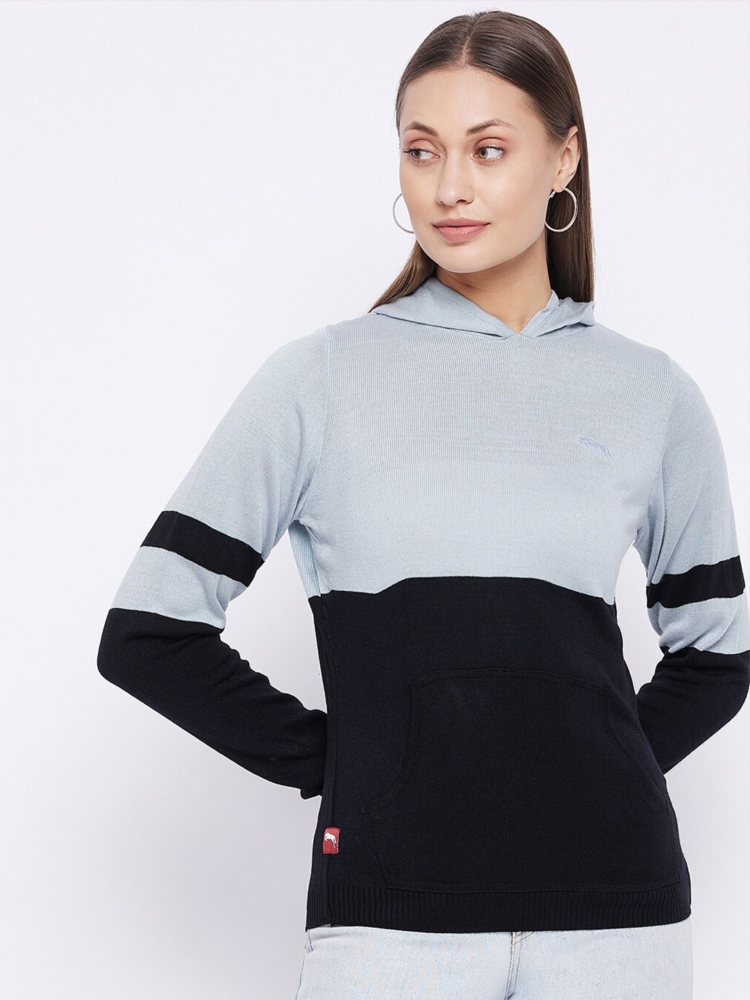 

JUMP USA Women Blue & Black Colourblocked Hooded Pullover