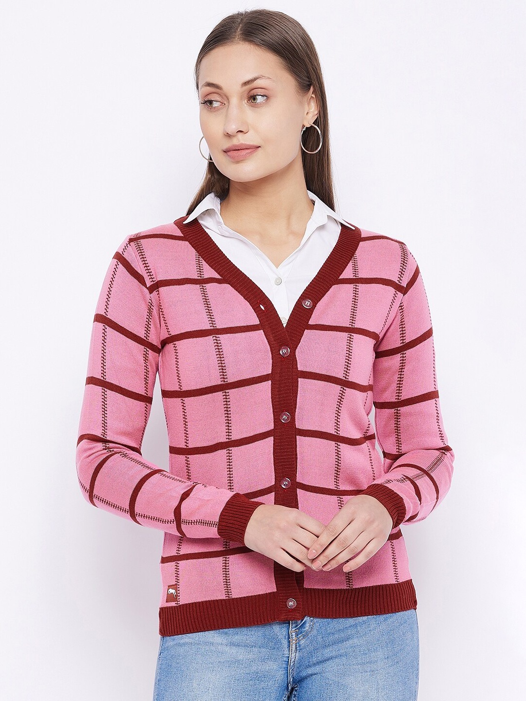 

JUMP USA Women Pink & Maroon Acrylic Checked Cardigan