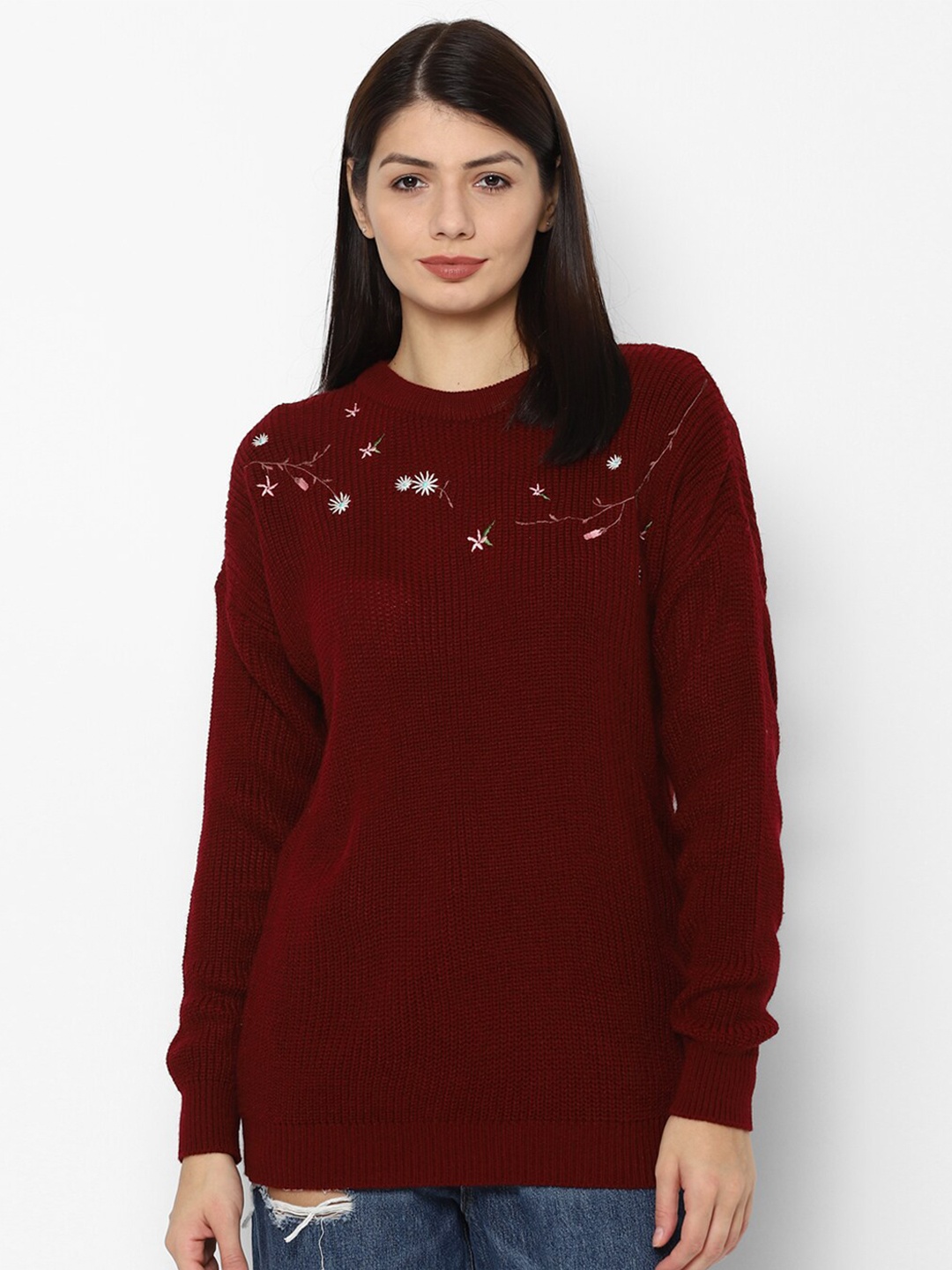 

Allen Solly Woman Maroon & White Floral Pullover with Embroidered Detail