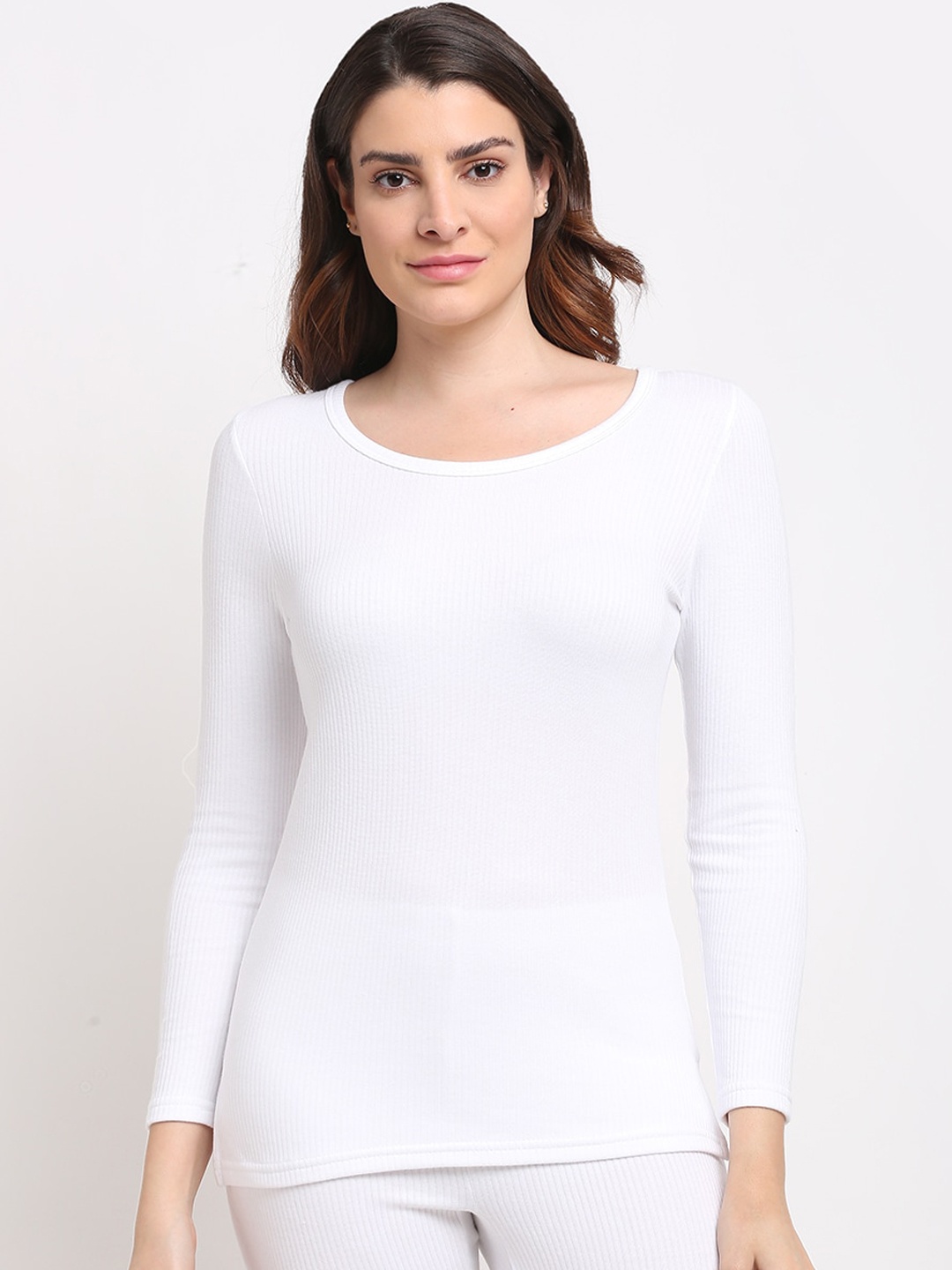 

Aerowarm Women White Striped Ribbed Thermal Top