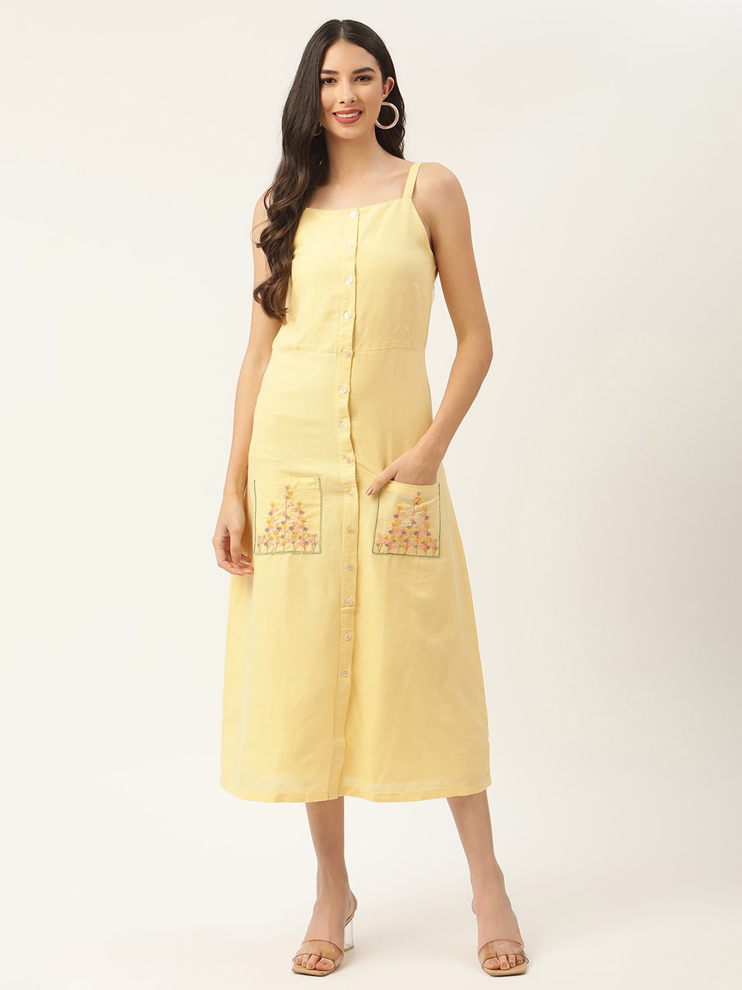 ROOTED Yellow Linen A-Line Midi Dress