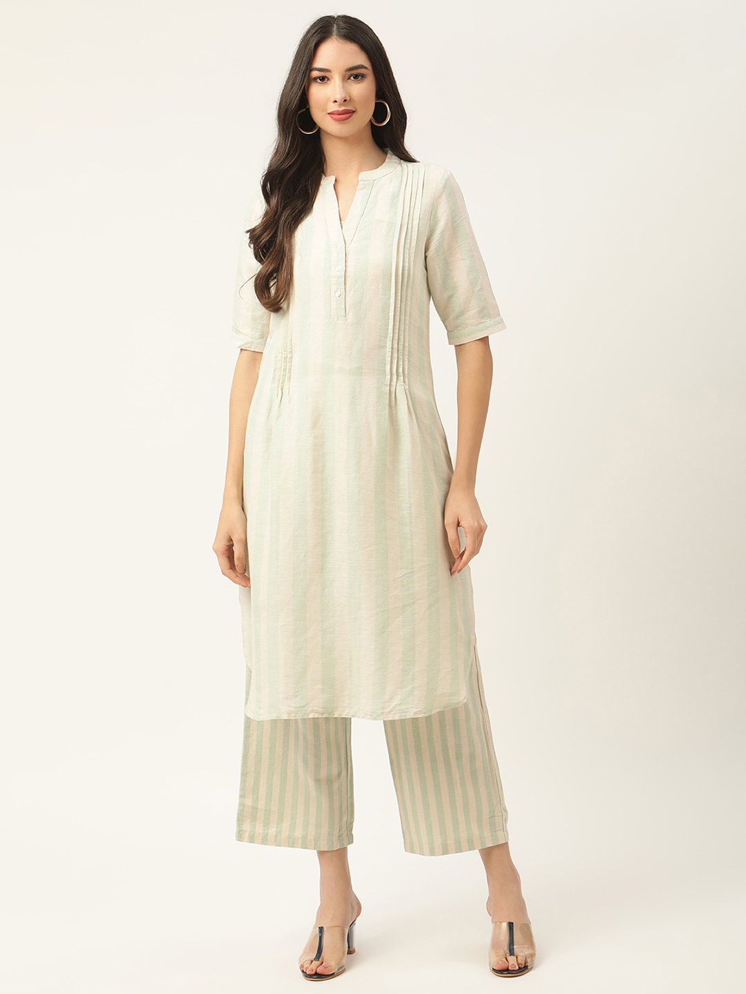 

ROOTED Women White Striped Kurta with Trousers