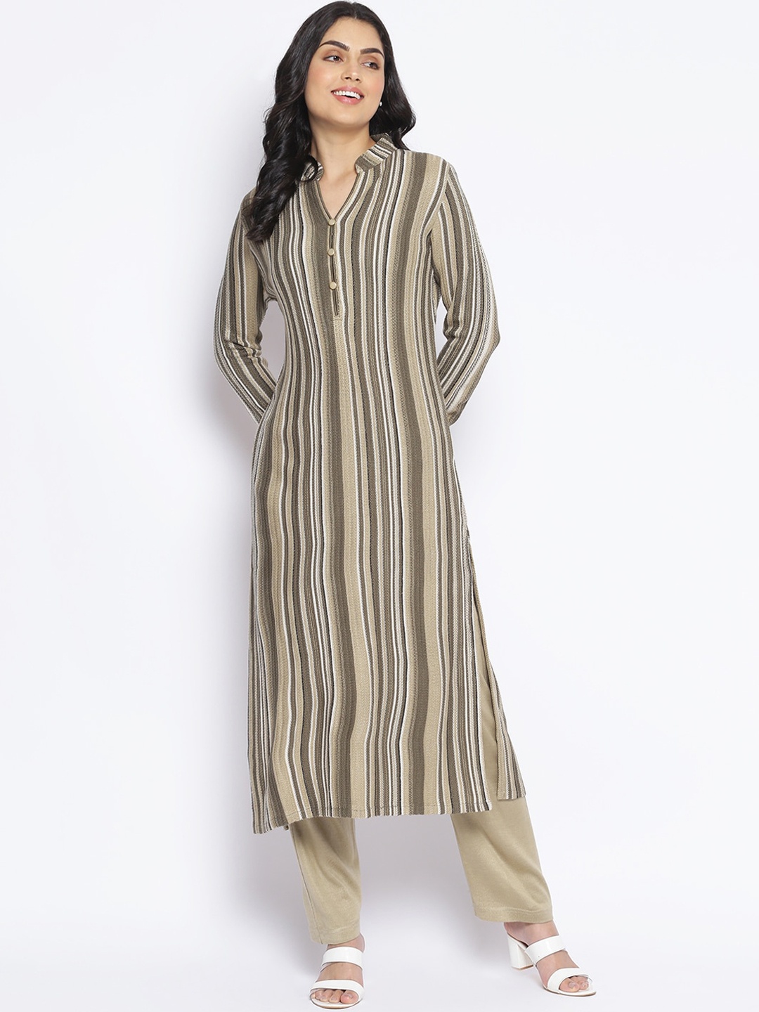 

MIKHAD Women Beige Striped Acrylic Wool Kurta with Trousers