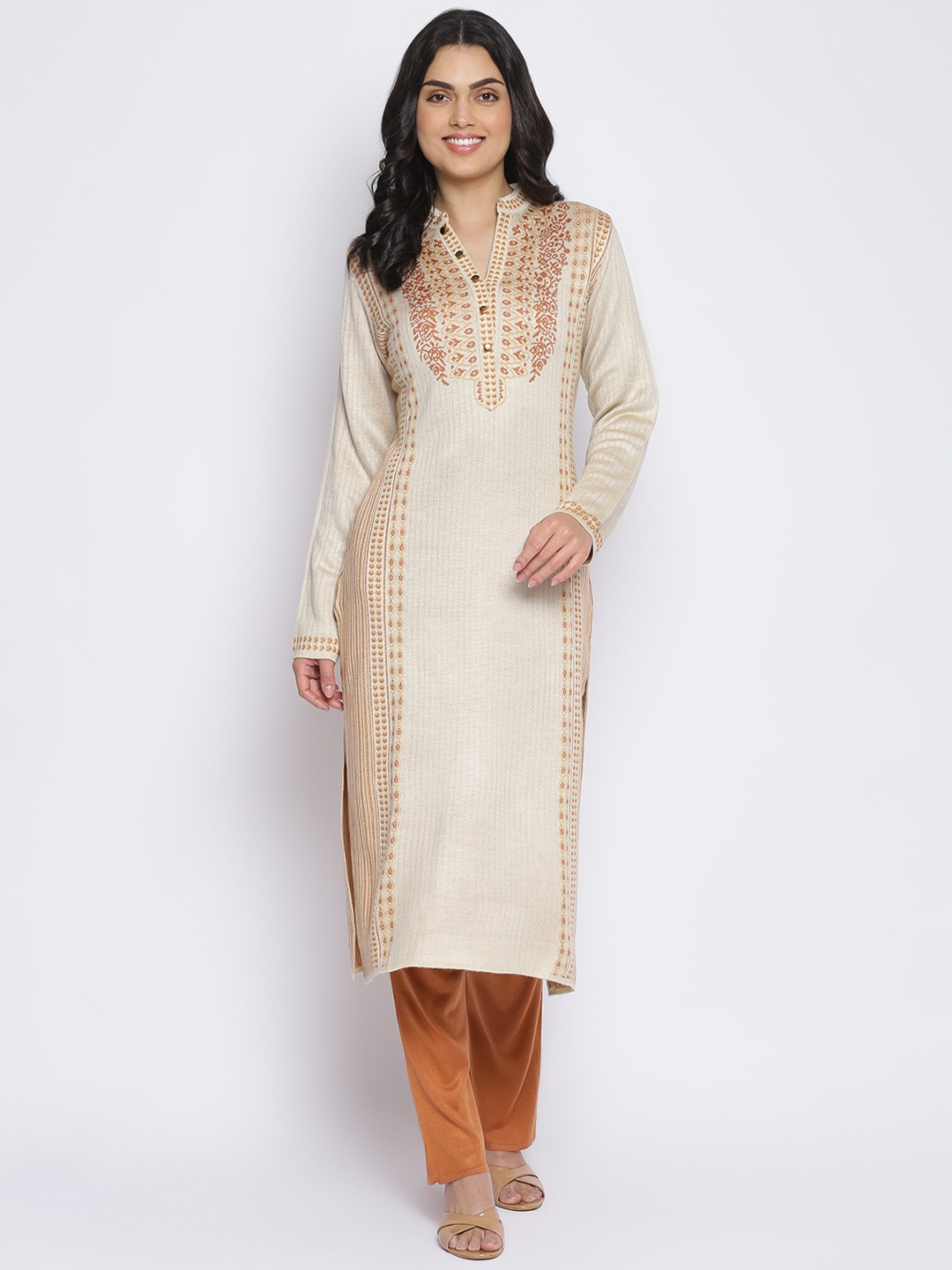 

MIKHAD Women Cream-Coloured & Rust Orange Kurta with Trousers