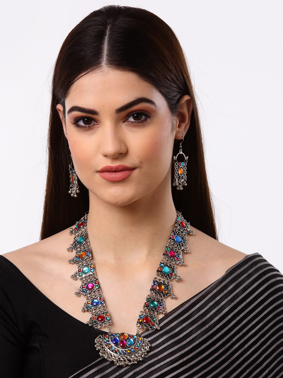 

Arrabi Silver-Toned & Multi-Colored Stone Studded & Beaded Meenakari Jewellery Set