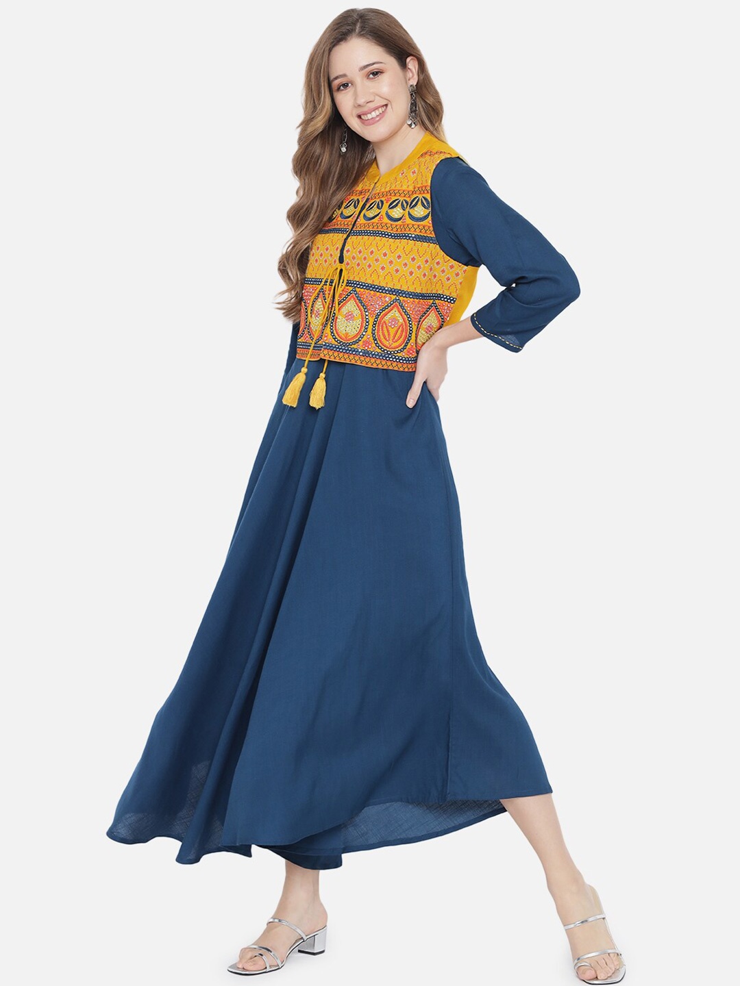 

AKIMIA Women Blue Ethnic Motifs Maxi Dress With Embroidered Jacket