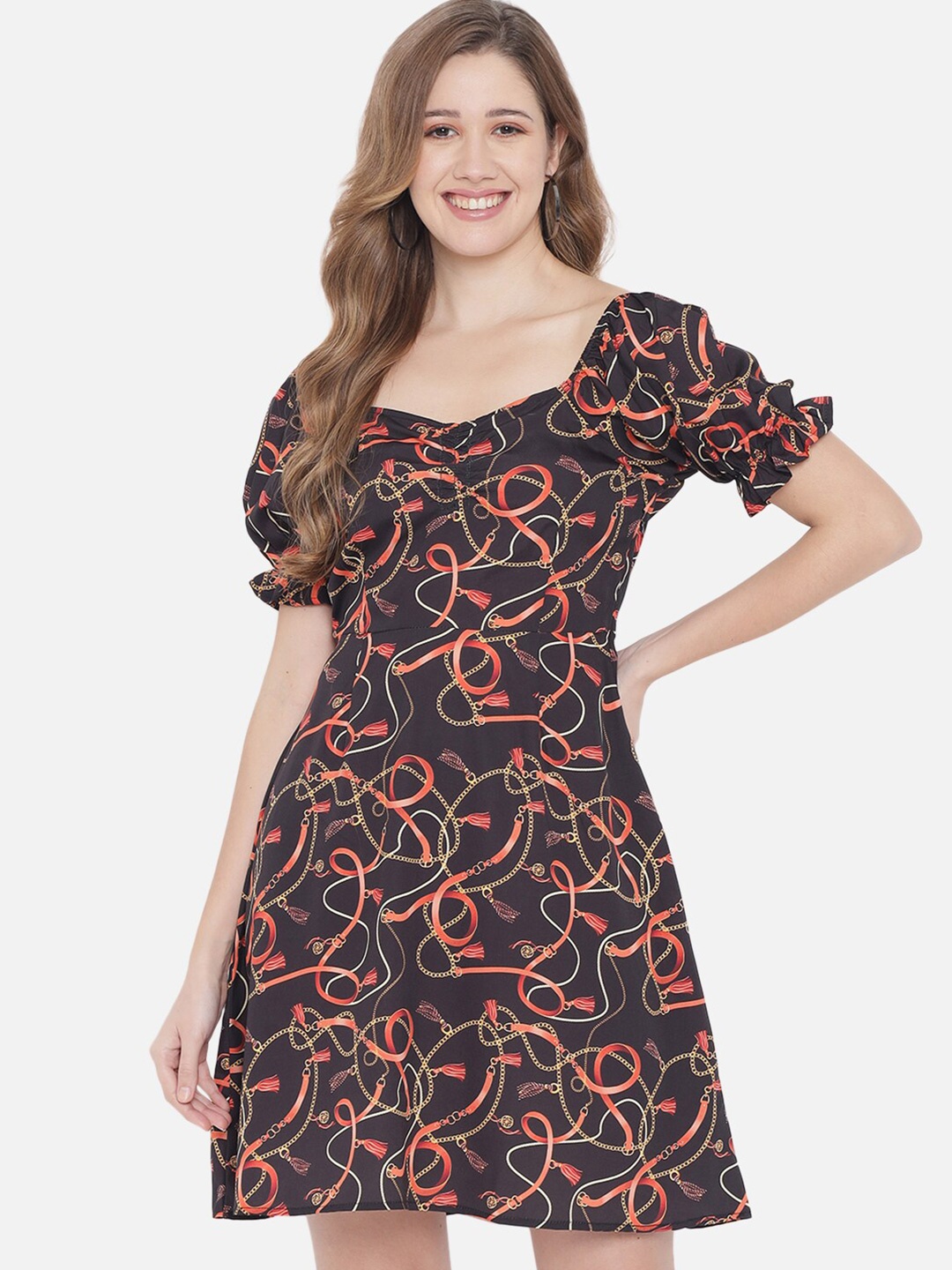 

AKIMIA Black & Orange Crepe Fit & Flare Dress
