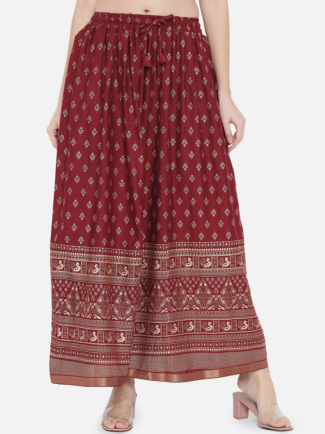 

AKIMIA Women Maroon & Gold-Coloured Printed Flared Maxi Skirt