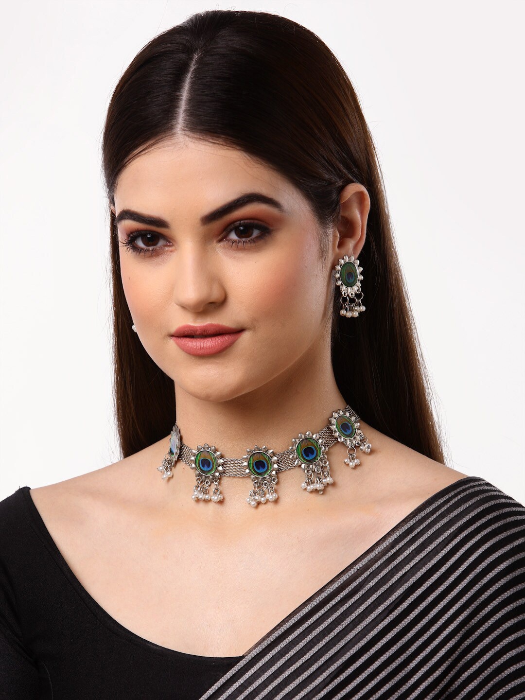 

Arrabi Oxidised Metallic-Toned & Blue Stones-Studded & Beaded Jewellery Set