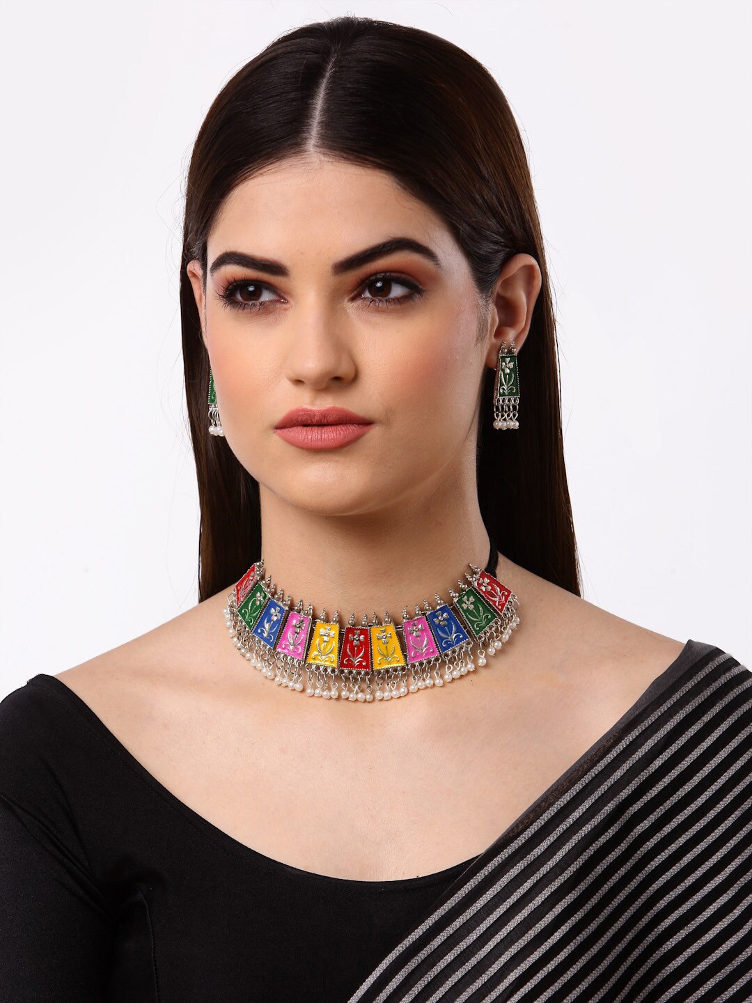 

Arrabi Oxidised Silver-Toned & Pink Beaded Jewellery Set