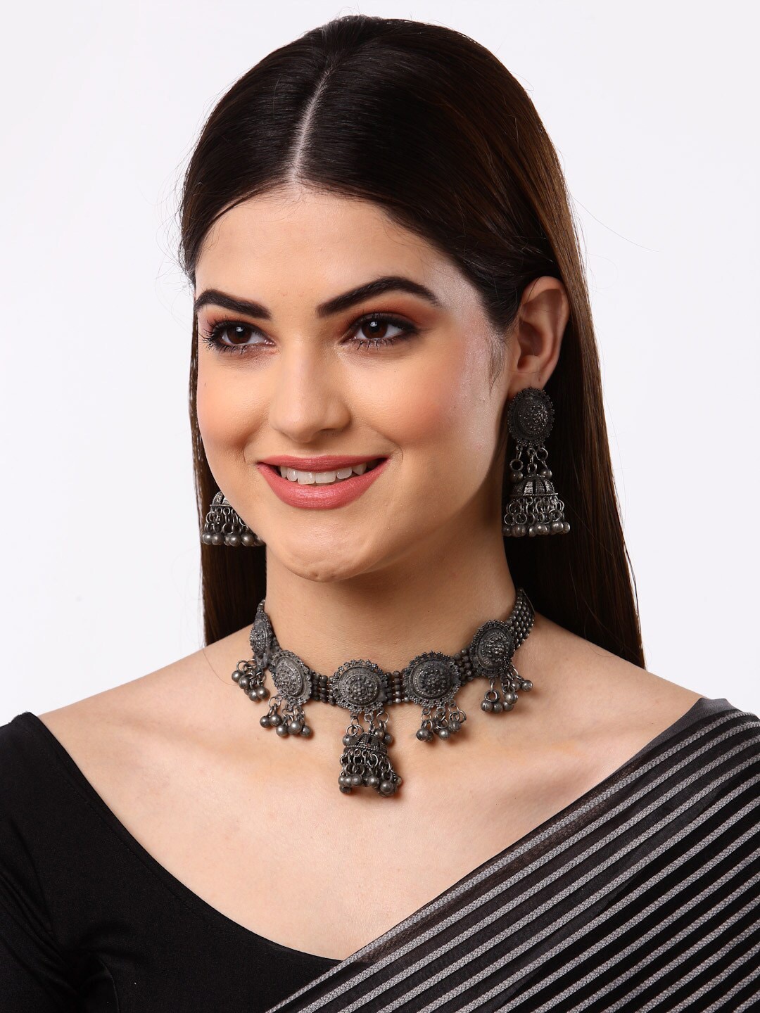 

Arrabi Oxidised Metallic-Toned Stones-Studded & Beaded Jewellery Set