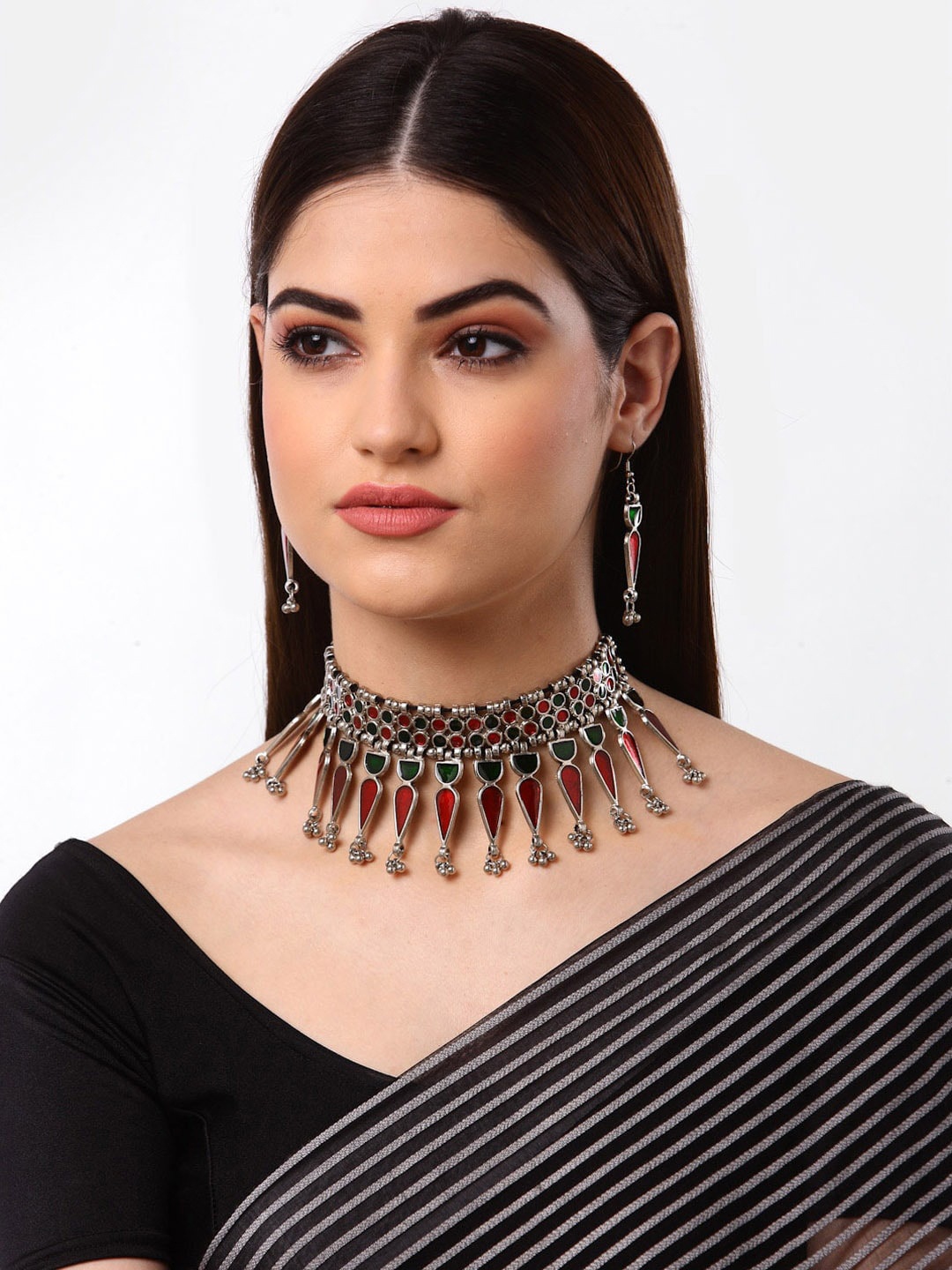

Arrabi Oxidised Metallic-Toned & Red Stone Studded & Beadded Meenakari Jewellery Set