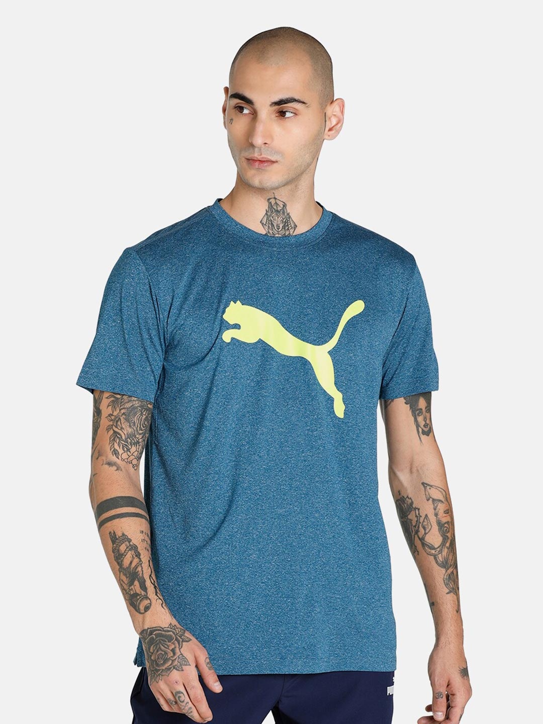 

Puma Men Blue & Fluorescent Green Brand Logo Printed T-shirt