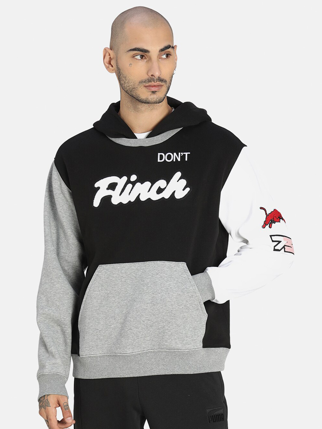 

Puma Men Black & Grey Colourblocked Cotton Combine Relaxed Fit Hoodie Sweatshirt