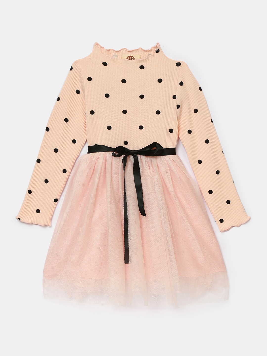 

Hopscotch Peach-Coloured & Black Polka Dots Printed Belted Dress