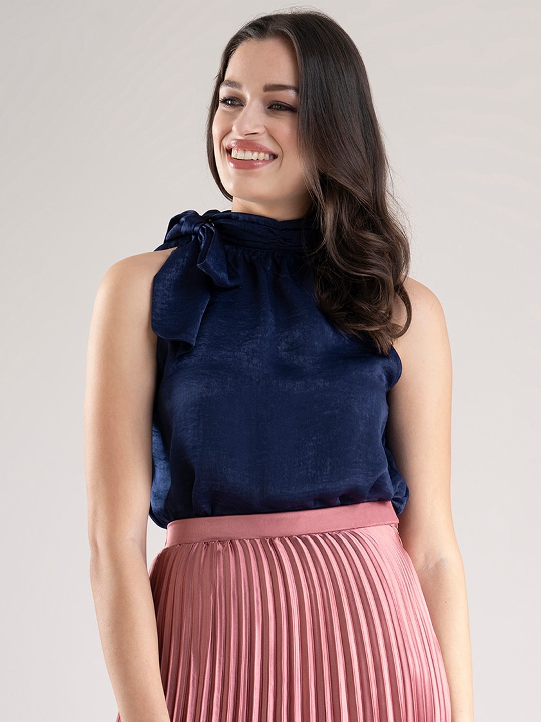 FableStreet Navy Blue Satin Two-Way Tie Up Top
