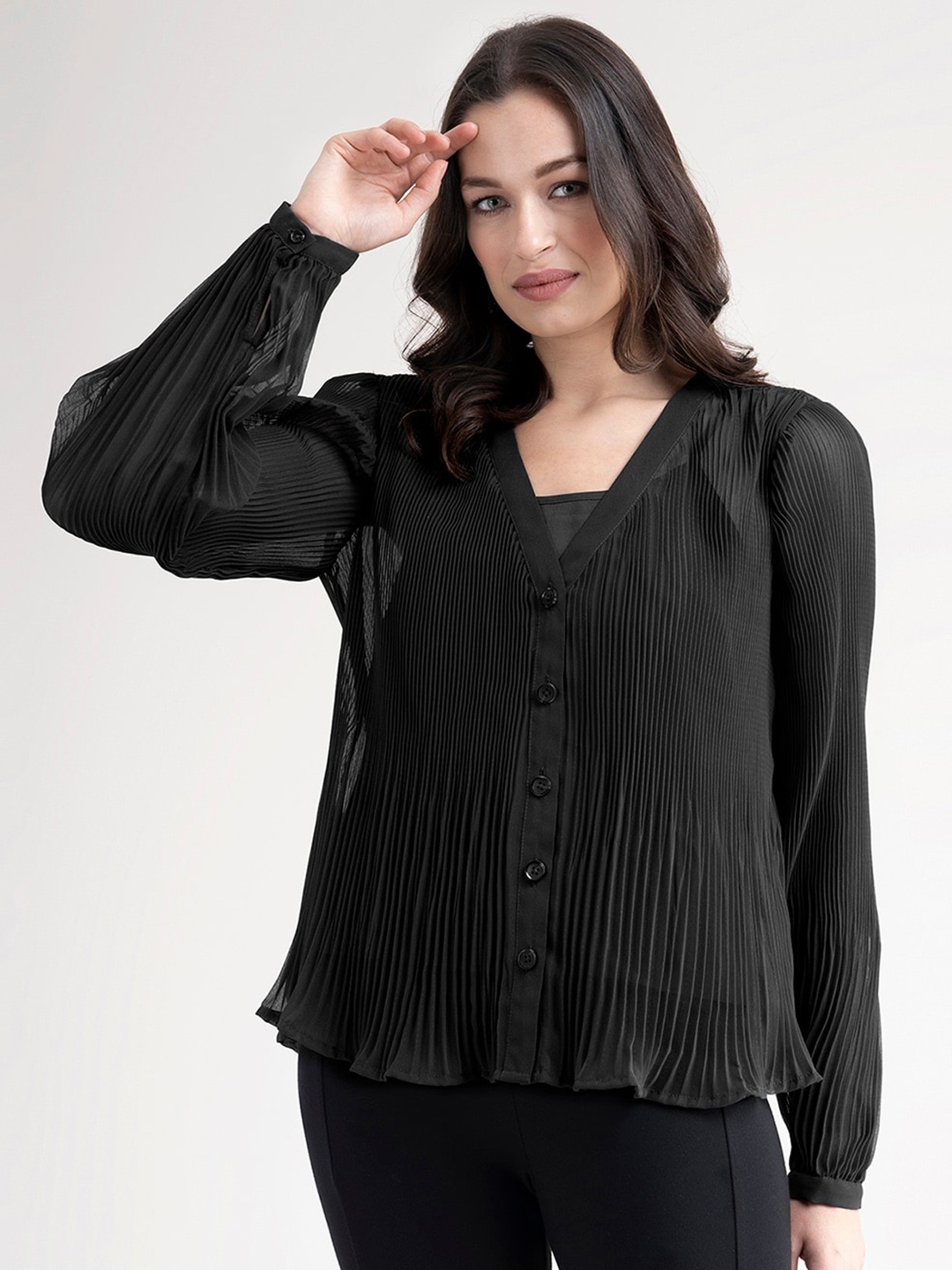 

FableStreet Black Georgette Shirt Style Top