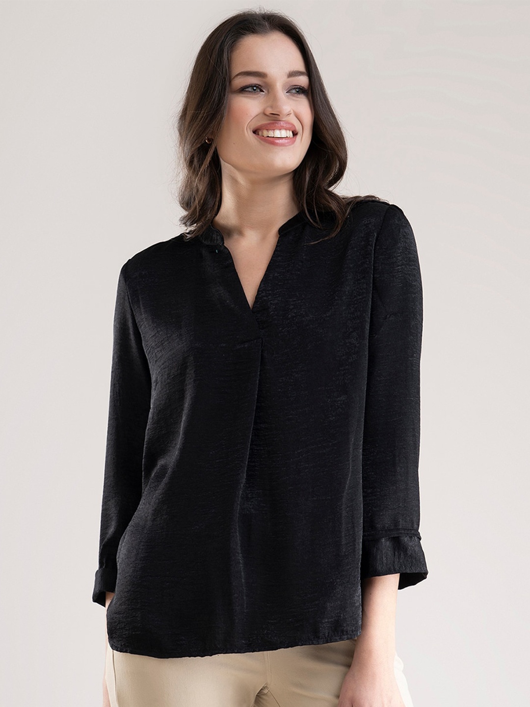 

FableStreet Women Black Solid Mandarin Collar Satin Top