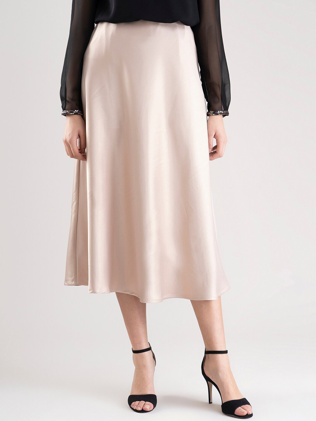 

FableStreet Women Beige Solid Satin A-Line Midi Skirt