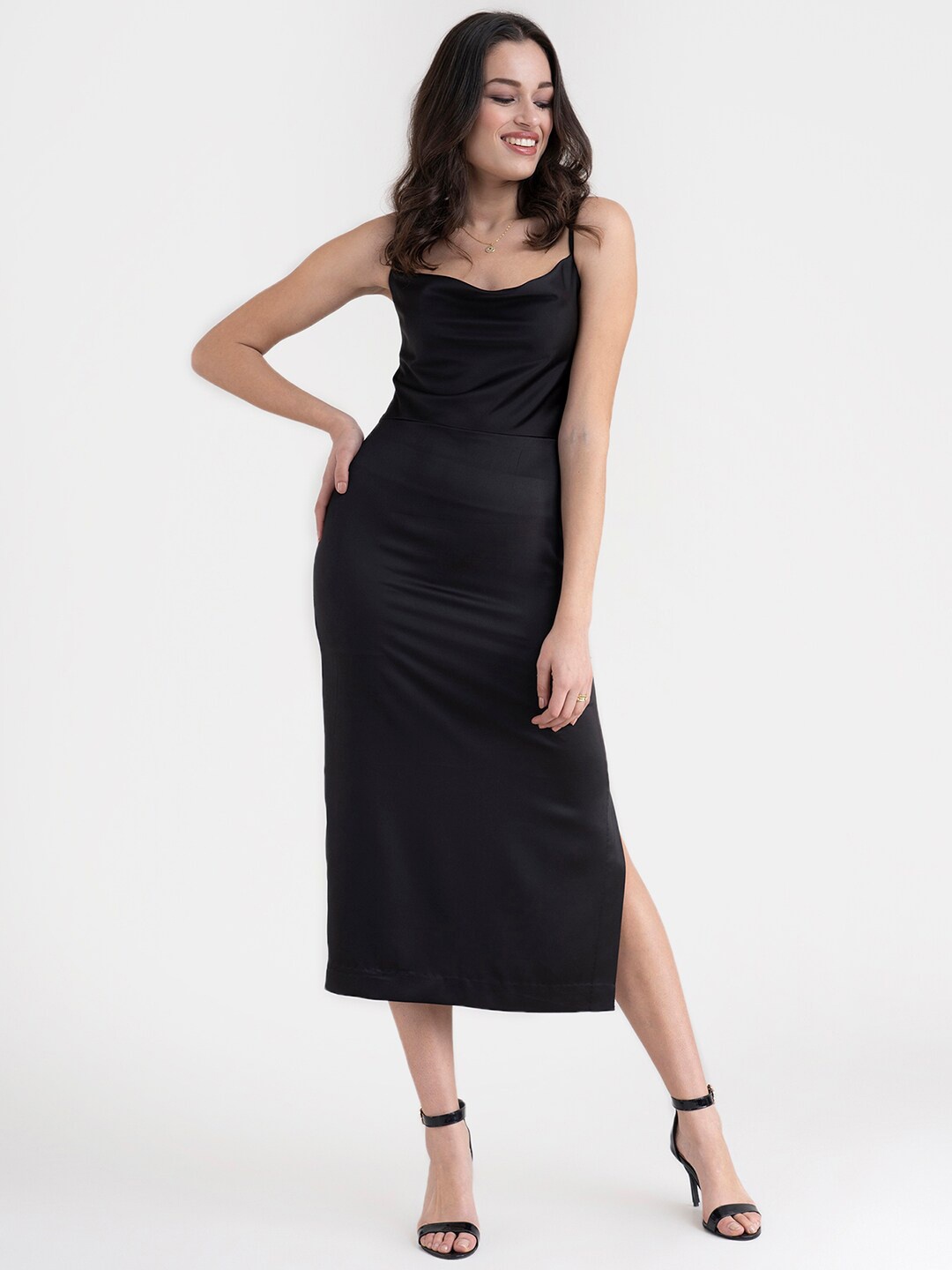 

FableStreet Black Satin Sheath Midi Dress