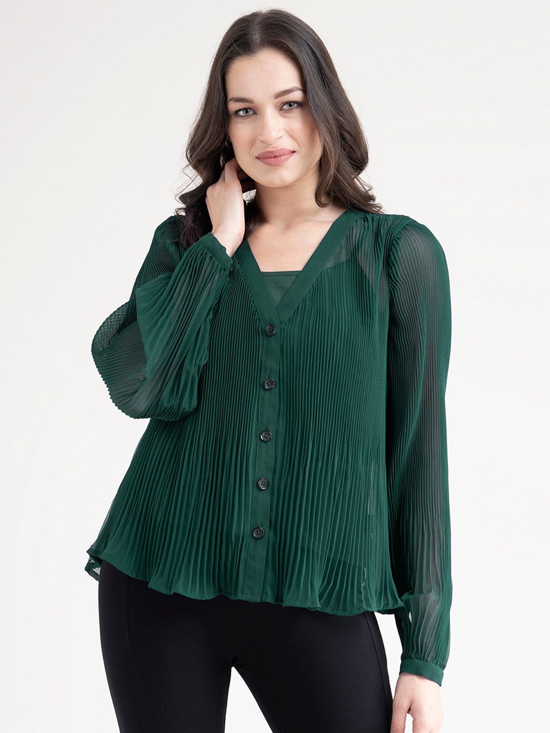 

FableStreet Green Striped Georgette Top