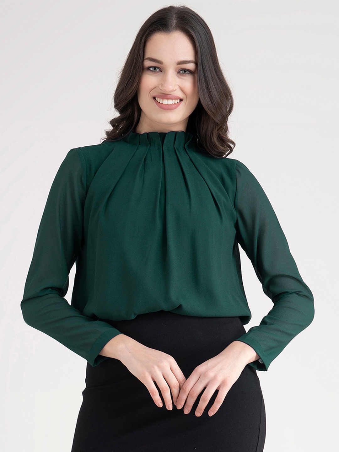

FableStreet Green Georgette Neck Box Pleats Top