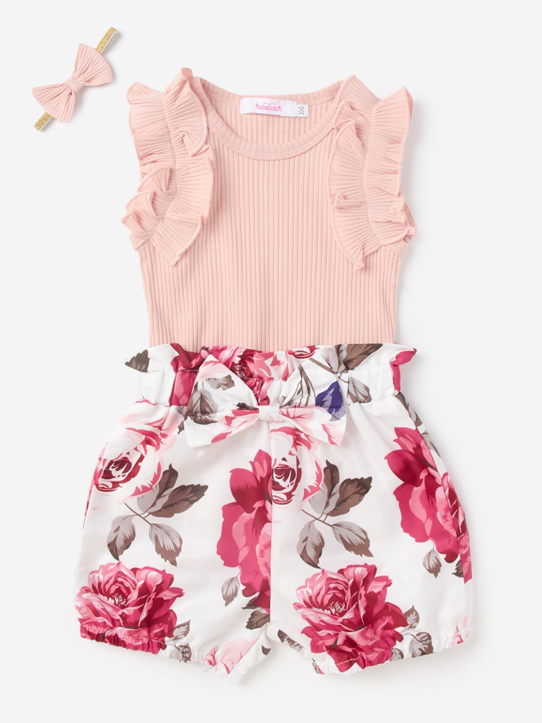 

Hopscotch Girls Pink & Red Printed T-shirt with Shorts