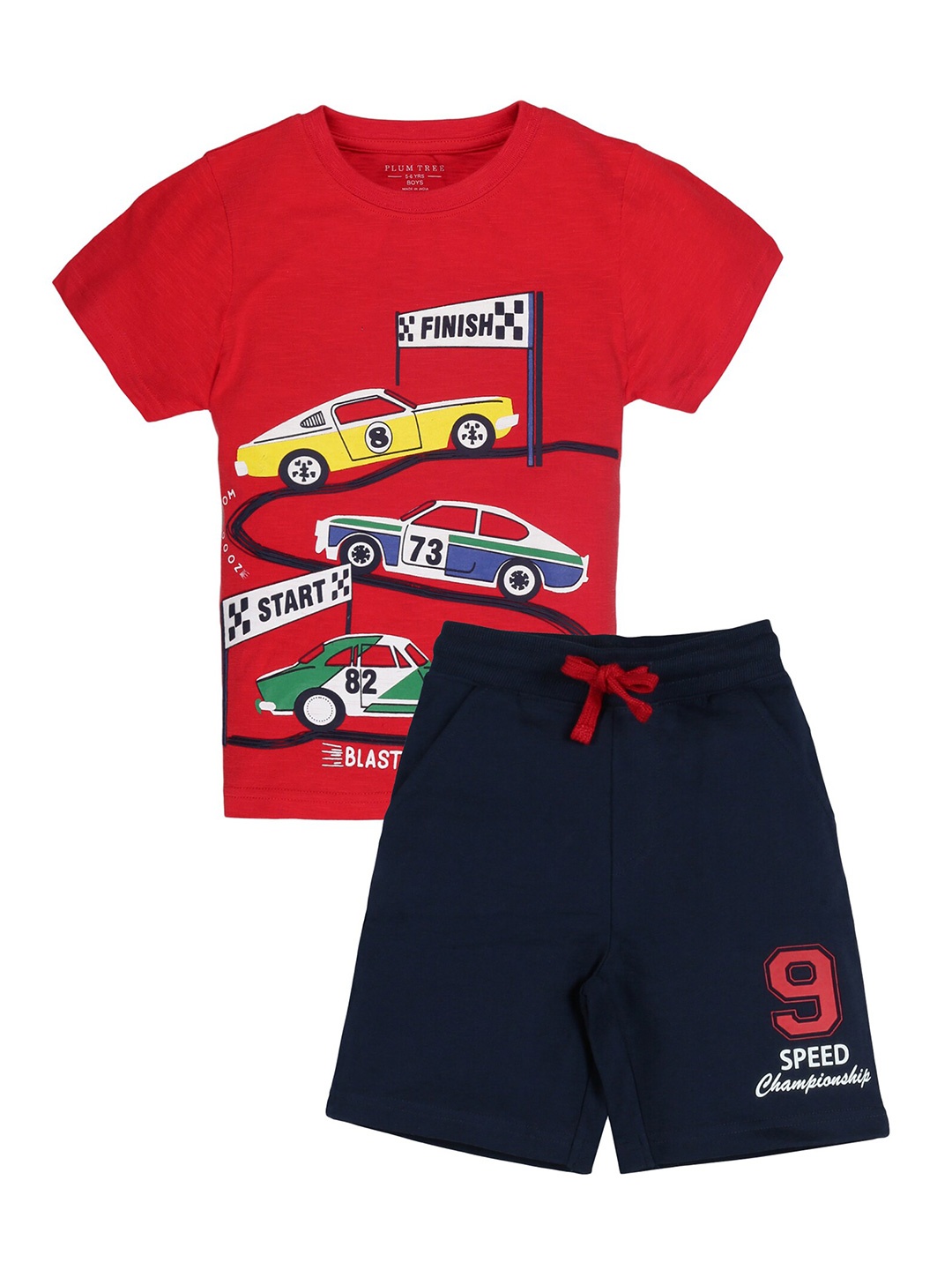 

PLUM TREE Boys Red & Navy Blue Printed T-shirt with Shorts Co-Ord Set