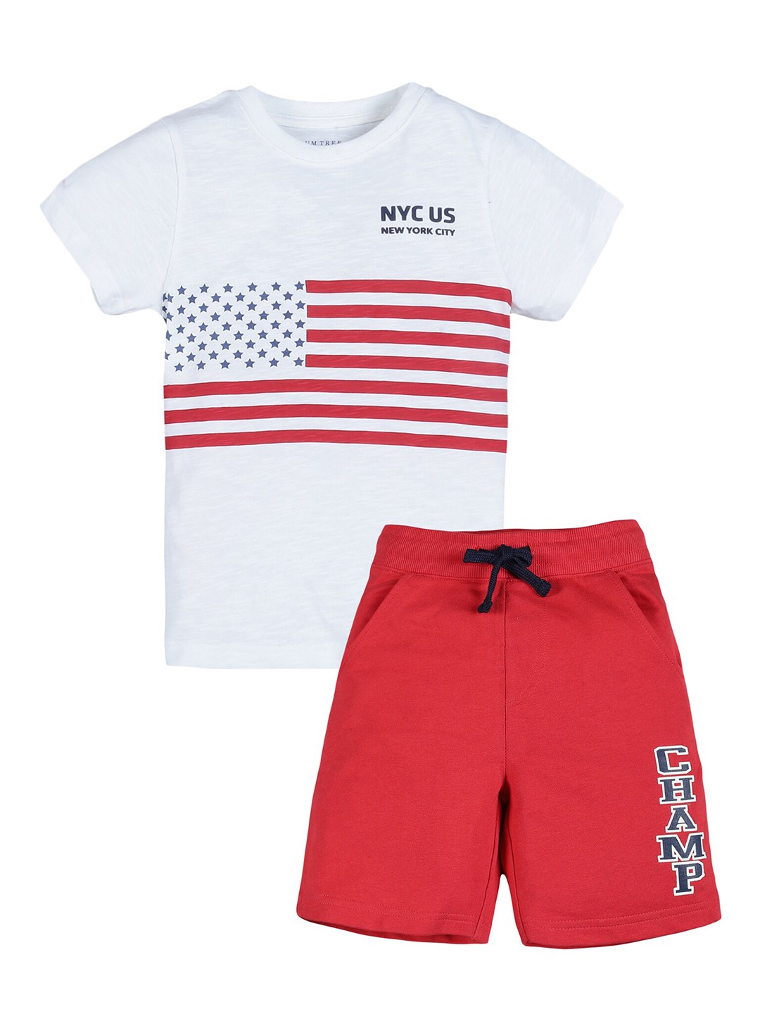

PLUM TREE Boys White & Red USA Printed Pure Cotton T-shirt with Shorts