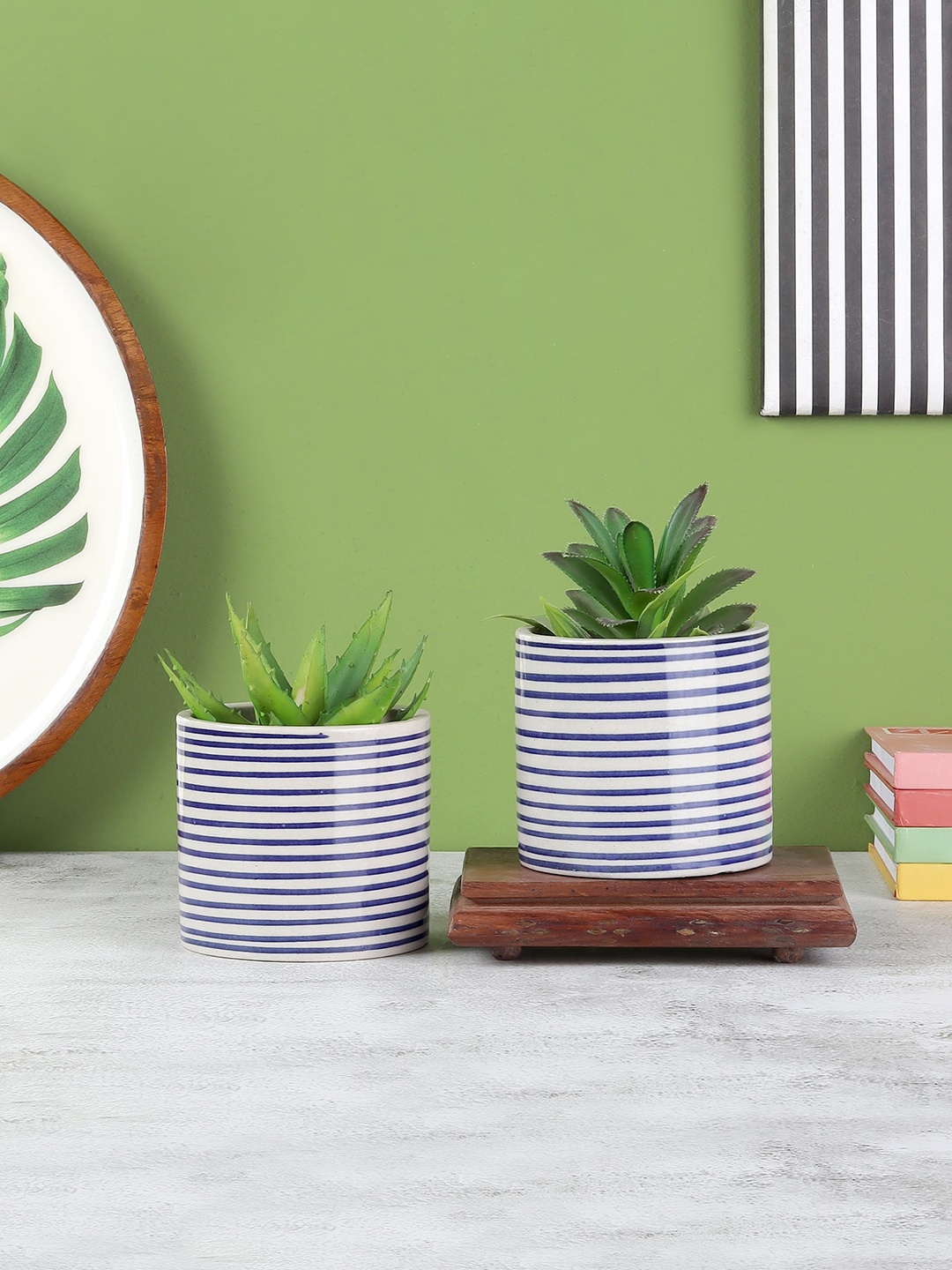 

VarEesha Set Of 2 Blue & White Striped Ceramic Planters