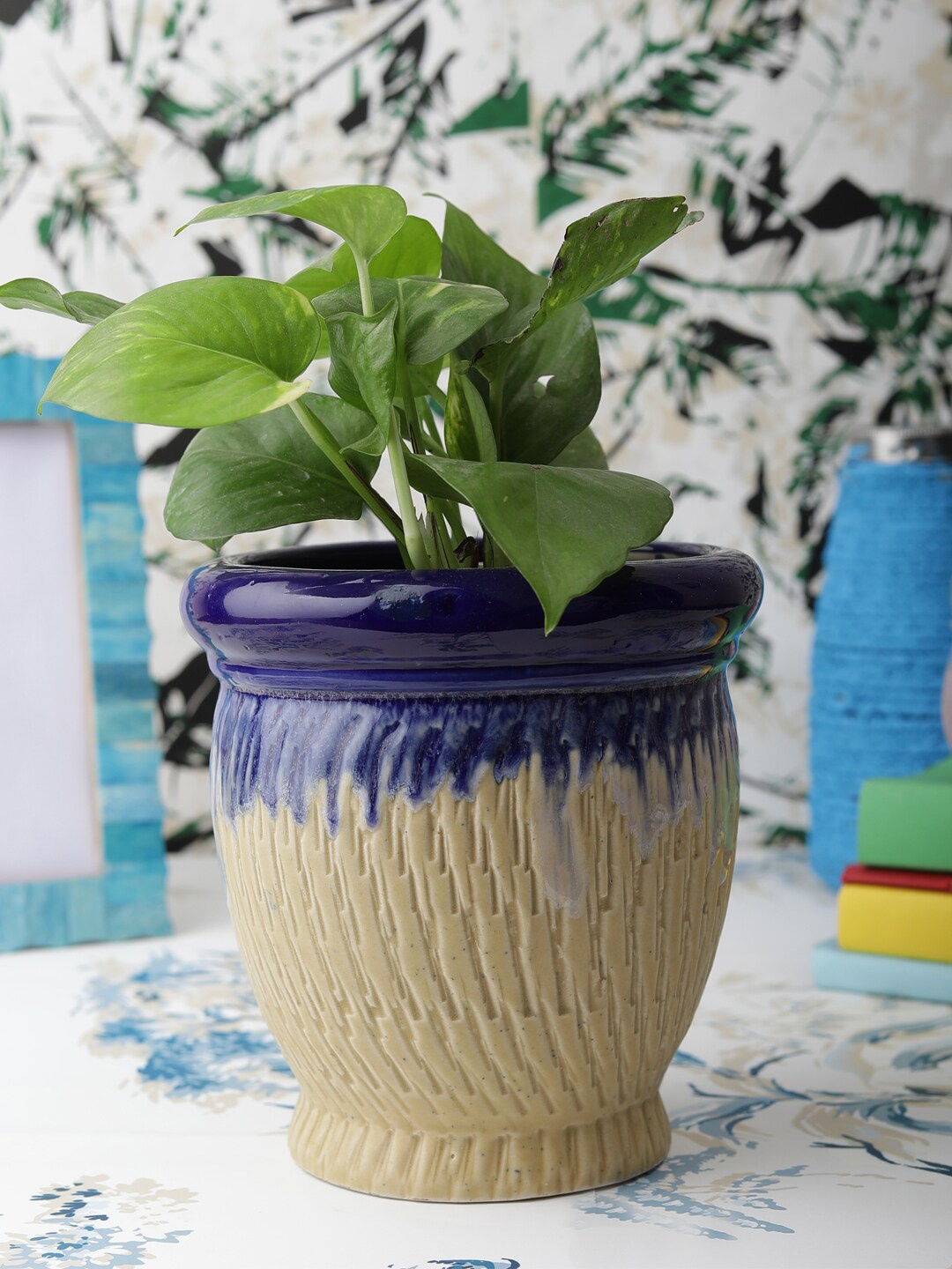 

VarEesha Beige & Blue Colourblocked Handcrafted Planter