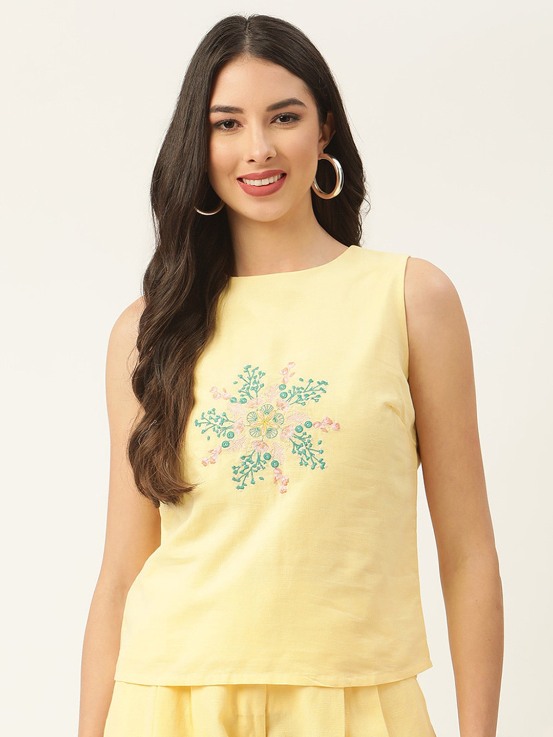 

ROOTED Yellow Floral Print Linen Top