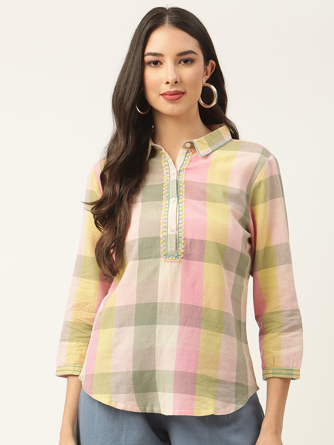 

ROOTED Yellow & Pink Checked Pure Cotton Shirt Style Top