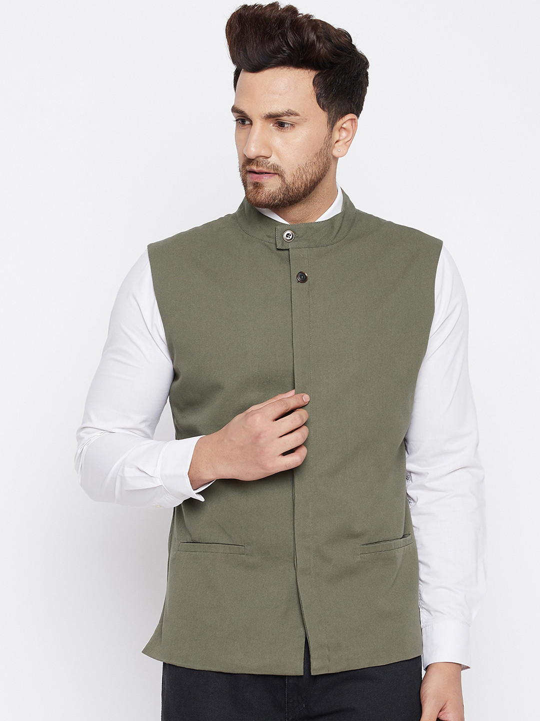 

CHILL WINSTON Men Olive Green Solid Nehru Jacket