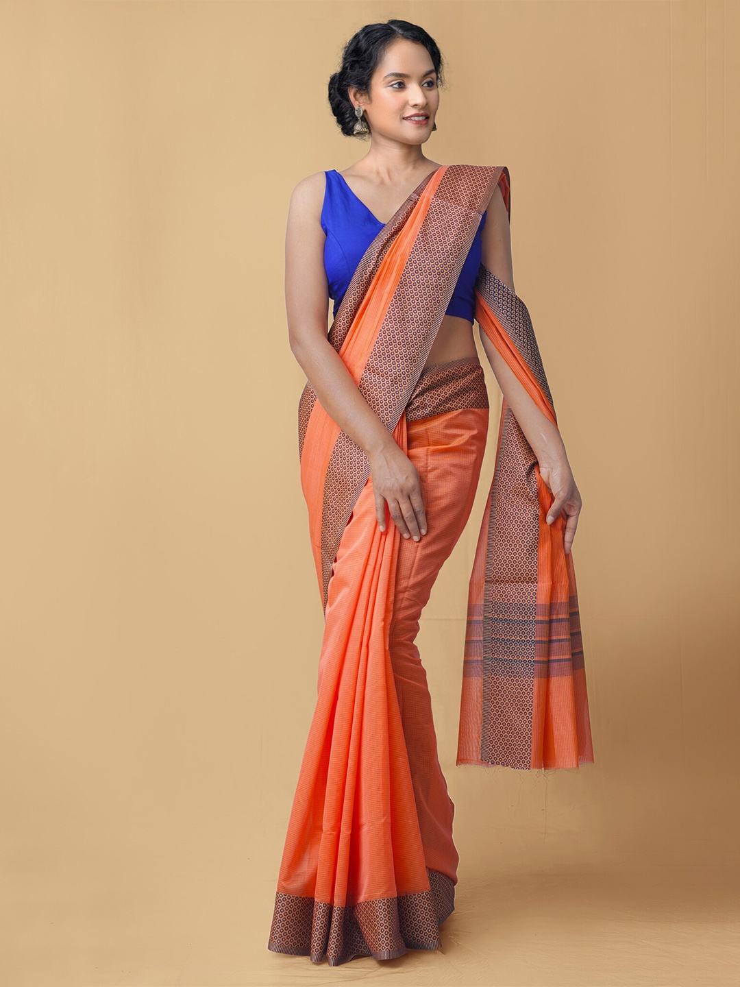 

Unnati Silks Orange & Navy Blue Ethnic Motifs Silk Cotton Baluchari Saree