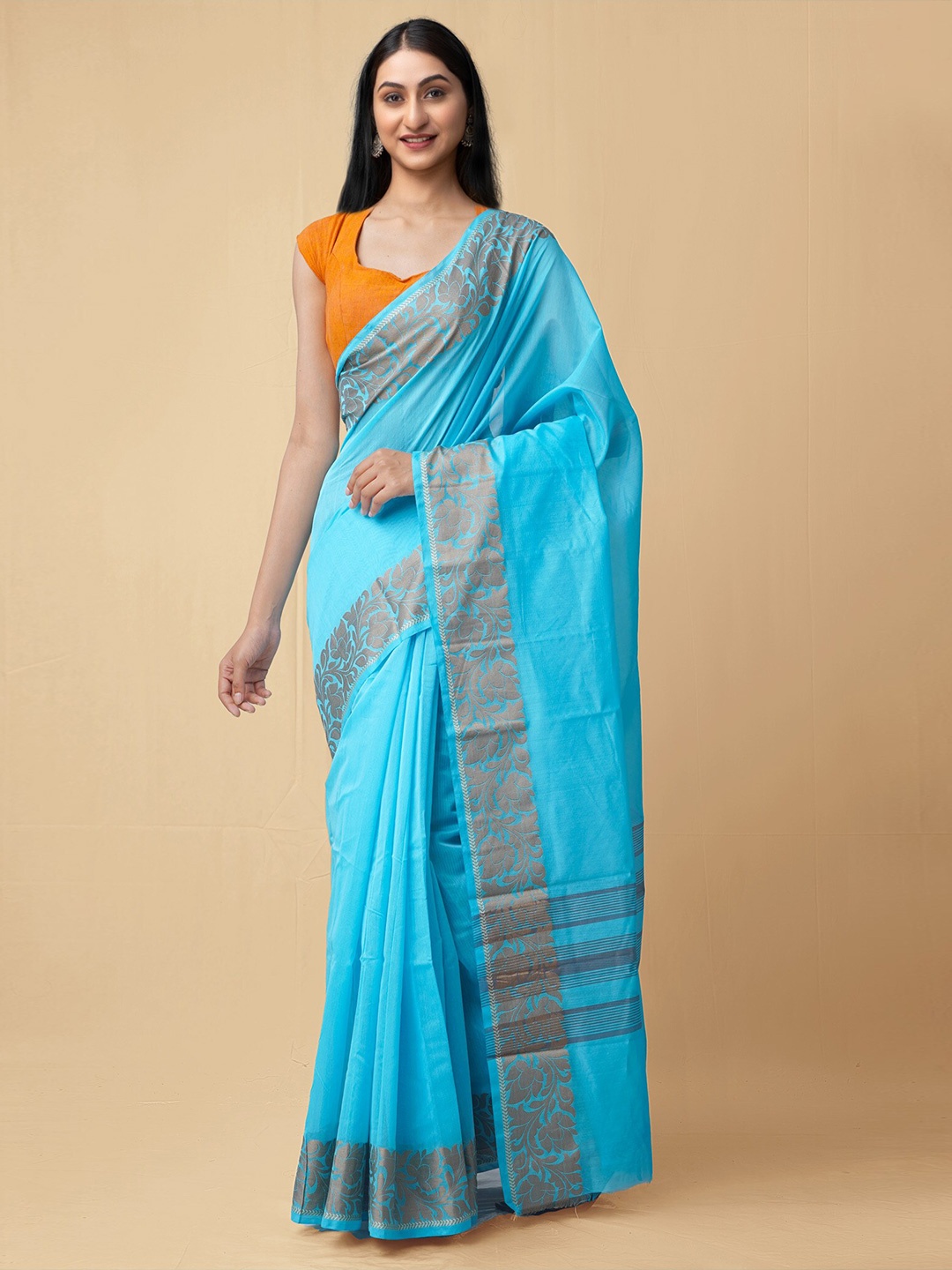 

Unnati Silks Blue & Tan Silk Cotton Baluchari Saree