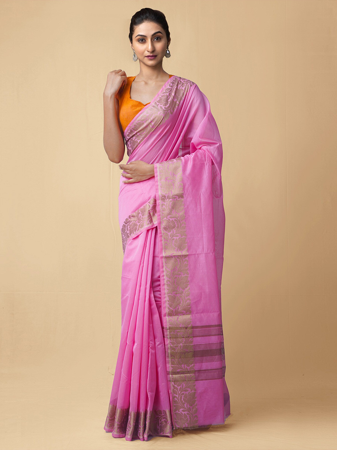

Unnati Silks Pink & Gold-Toned Silk Cotton Baluchari Saree
